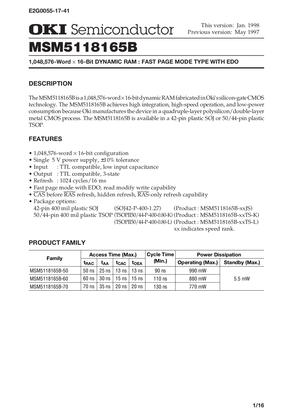 OKI MSM5118165B-70JS, MSM5118165B-70TS-K, MSM5118165B-70TS-L, MSM5118165B-60TS-K, MSM5118165B-50JS Datasheet