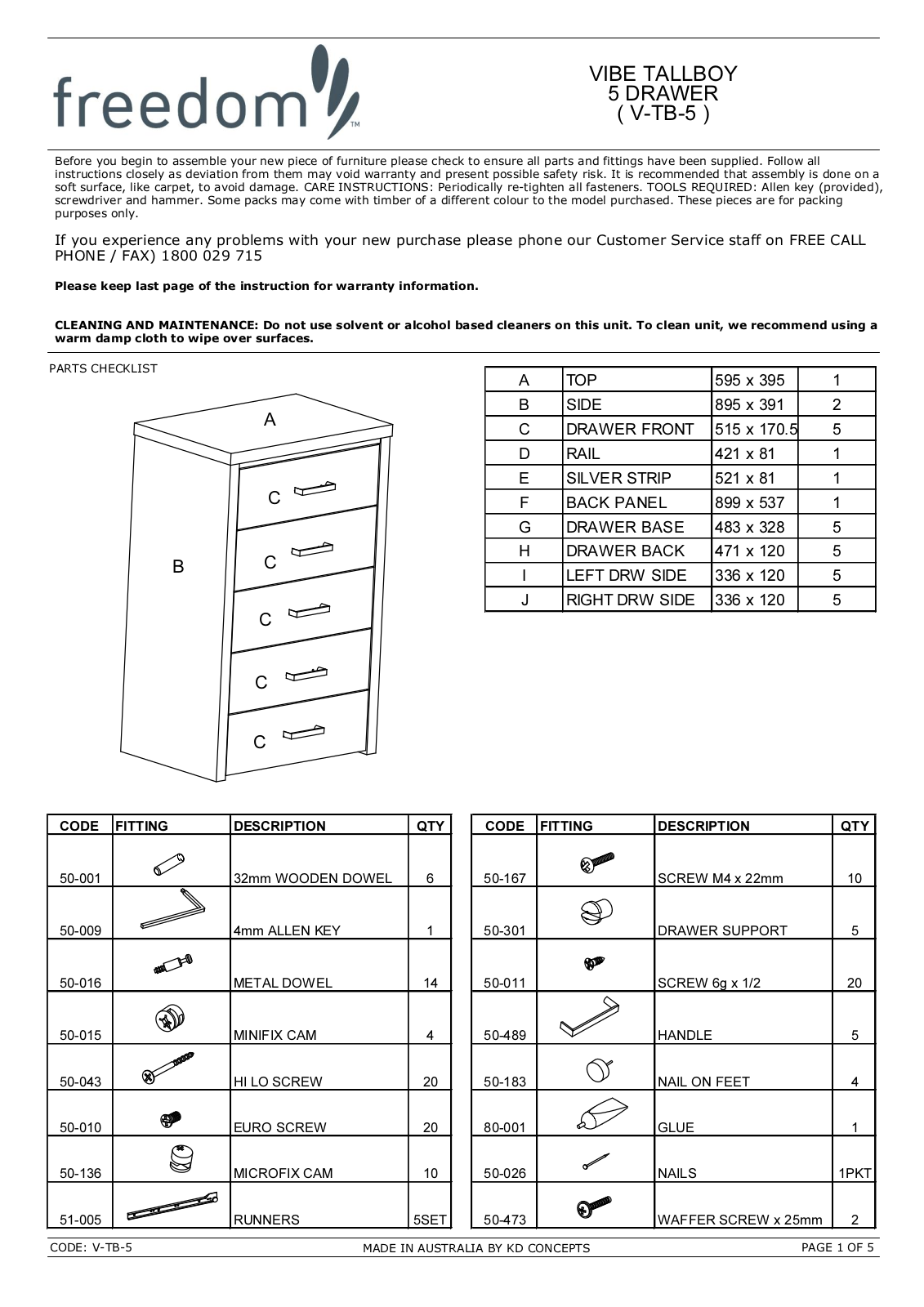 Freedom Vibe Tallboy 5 Drawer Assembly Instruction