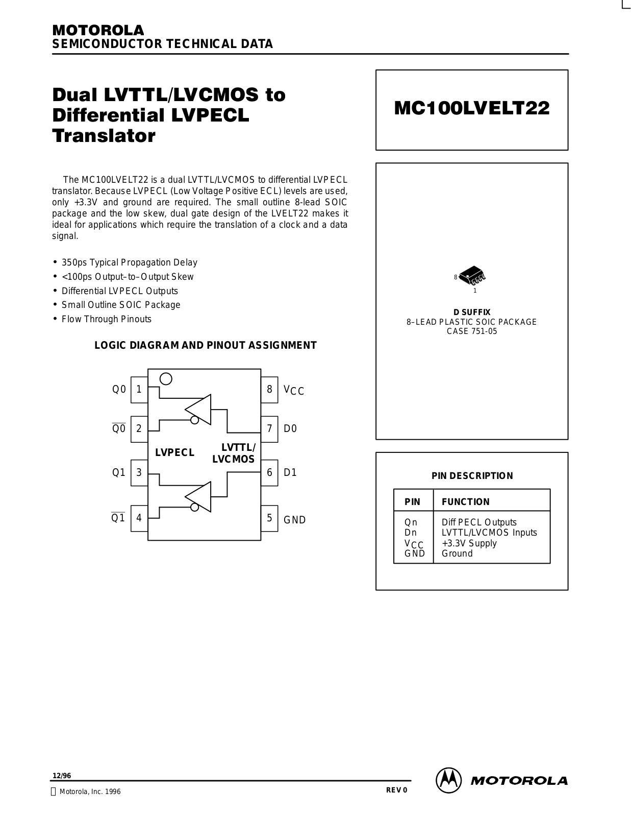 Motorola MC100LVELT22, MC100LVELT22D, MC100LVELT22DR2 Datasheet