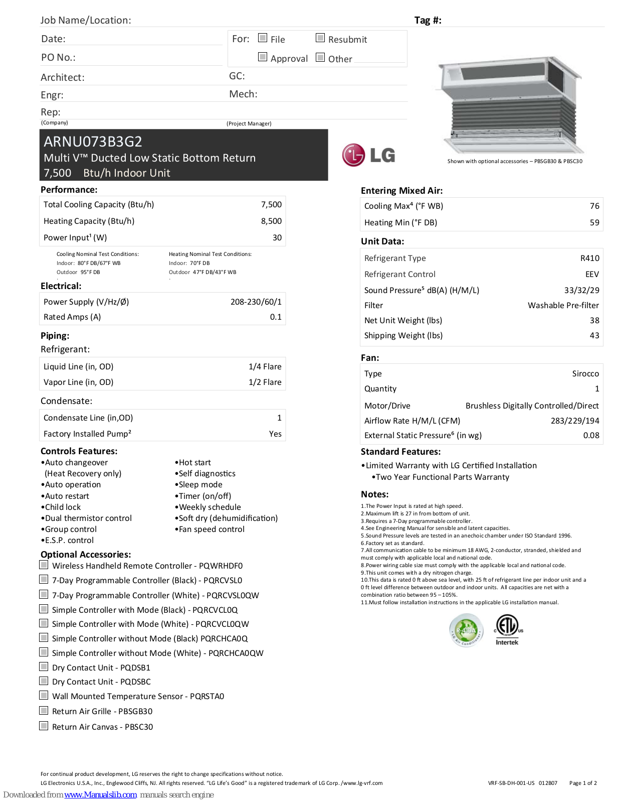 LG Multi V ARNU073B3G2 Specifications