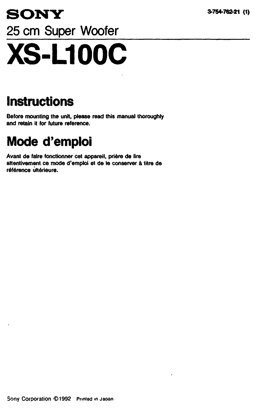 Sony XS-L100C Instructions Manual