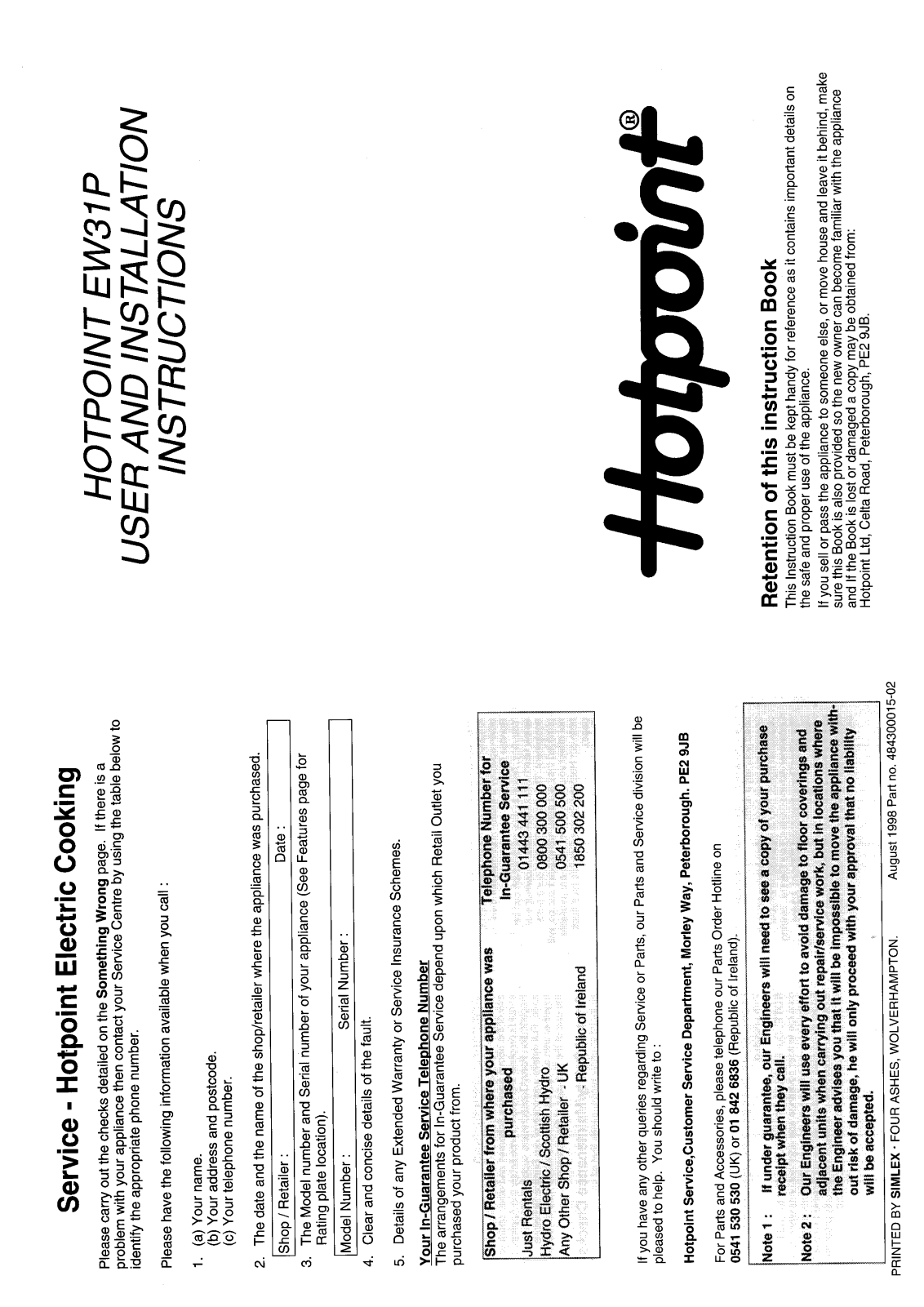 Hotpoint-Ariston HBEW31 User Manual