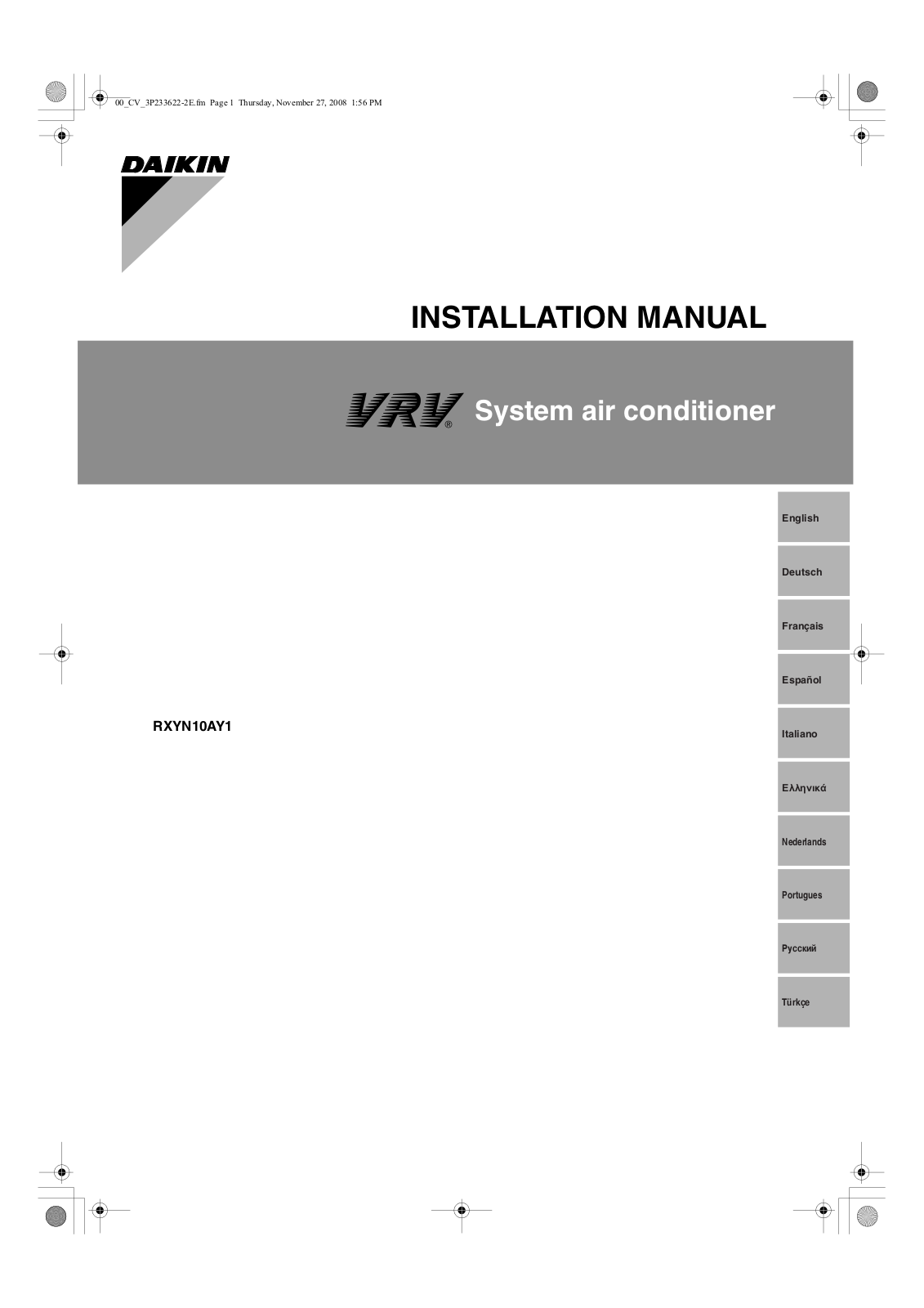 Daikin RXYN10AY1 Installation manuals