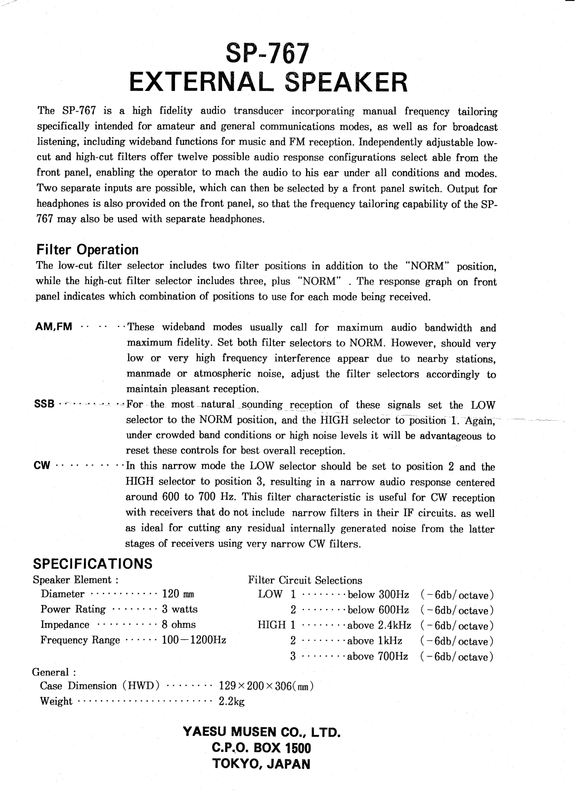 Yaesu SP-767 Operating Manual