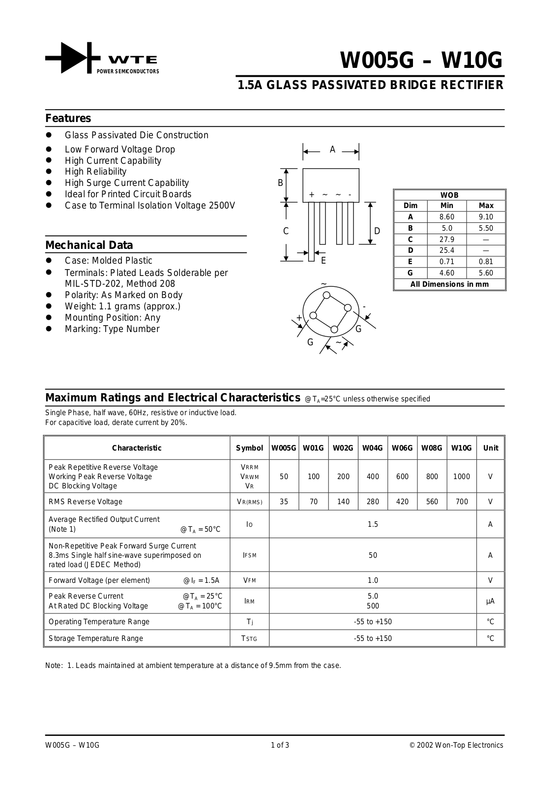 WTE W08G, W10G, W06G, W04G, W01G Datasheet