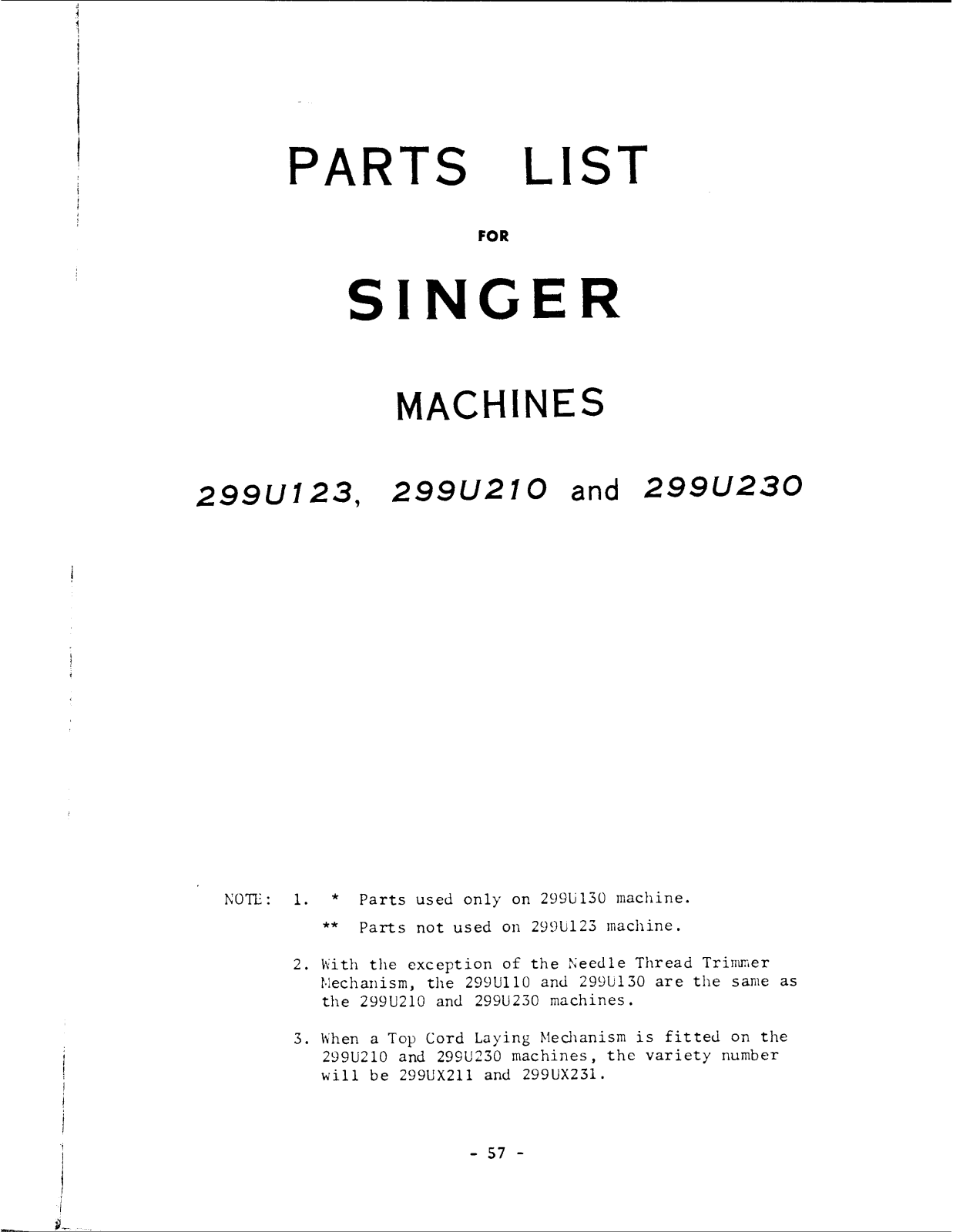 SINGER 299U123, 299U210, 299U230 Parts List