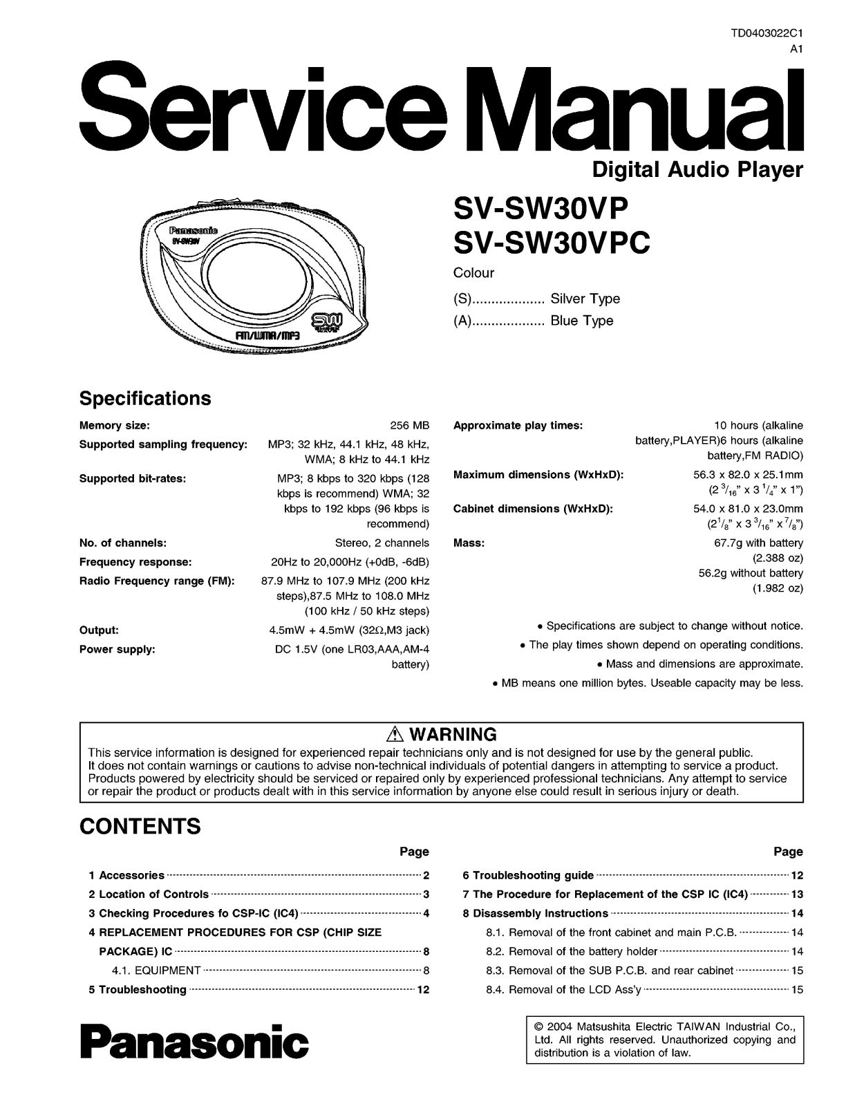 Panasonic SVSW-30-VP, SVSW-30-VPC Service manual