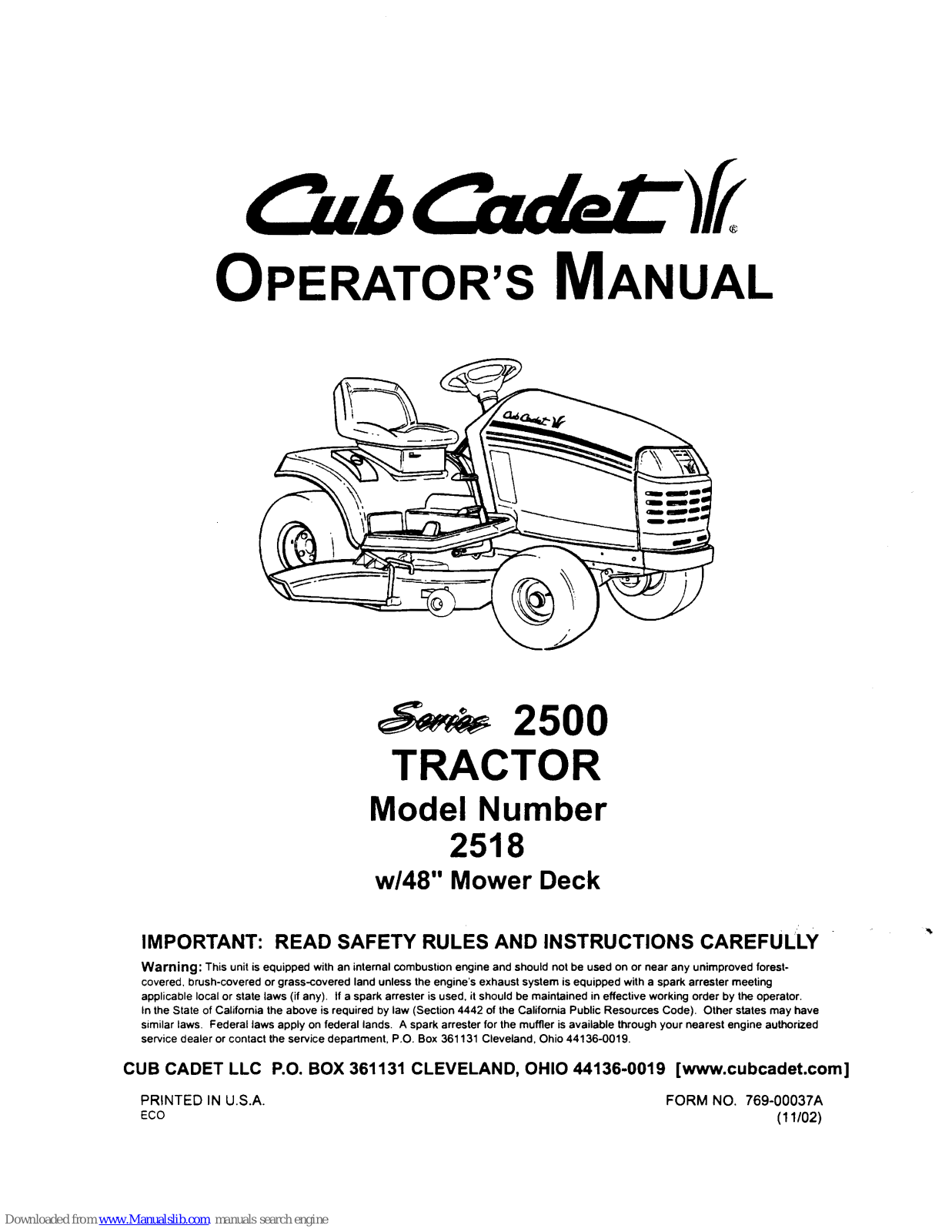 Cub Cadet 2518 Operator's Manual