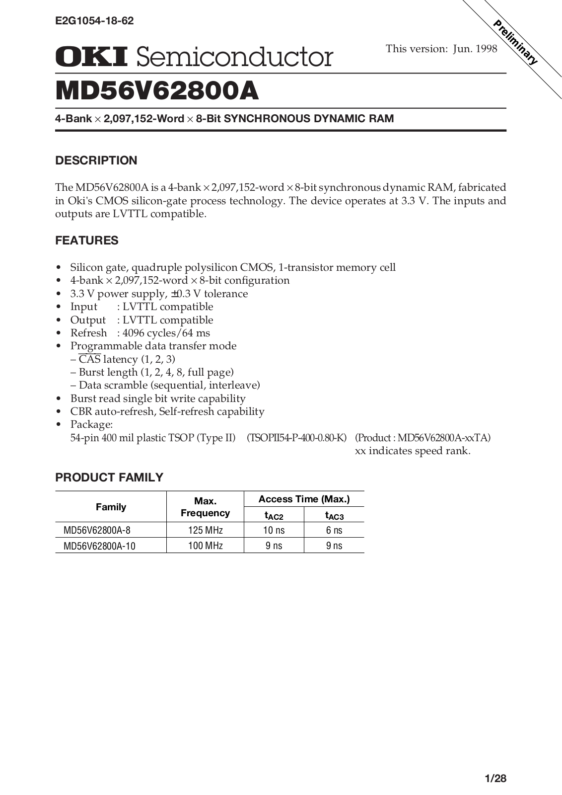 OKI MD56V62800A-10TA, MD56V62800A-8TA Datasheet