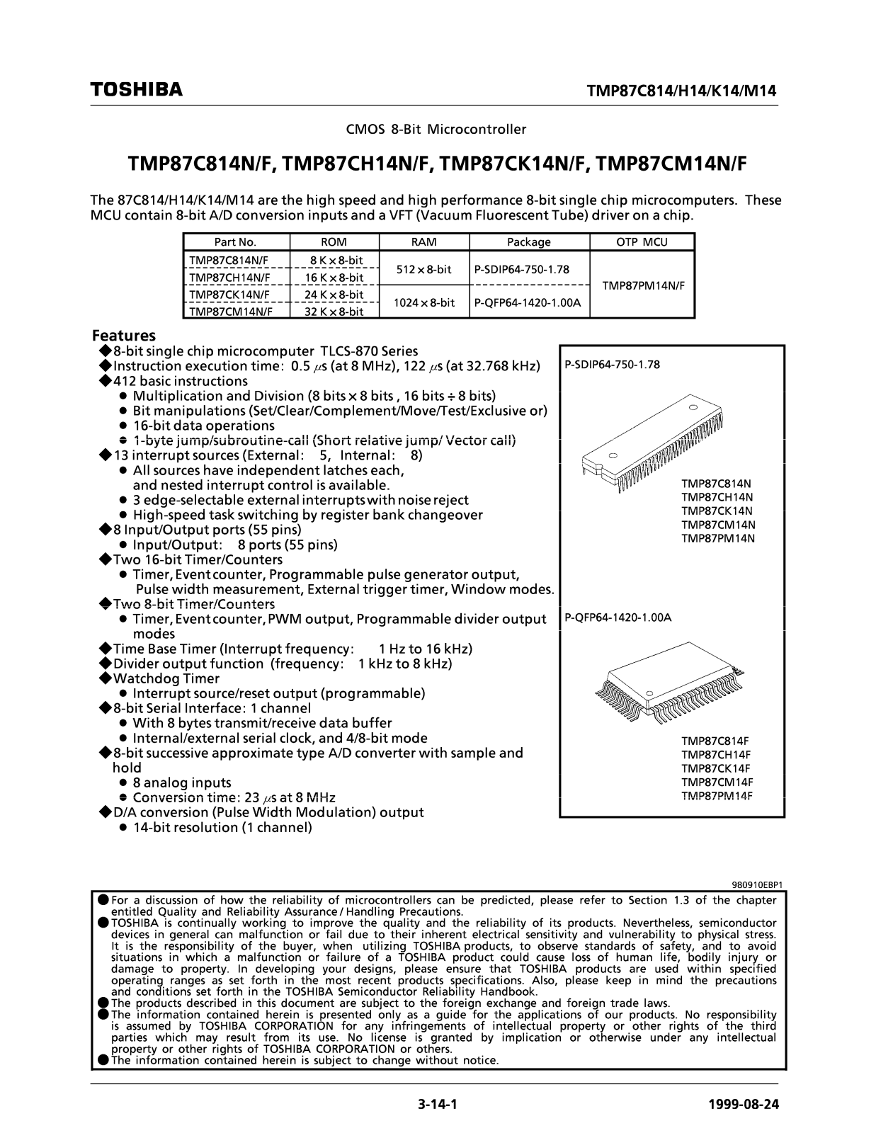 TOSHIBA TMP87C814N, TMP87C814F, TMP87CH14N, TMP87CH14F, TMP87CK14N Technical data