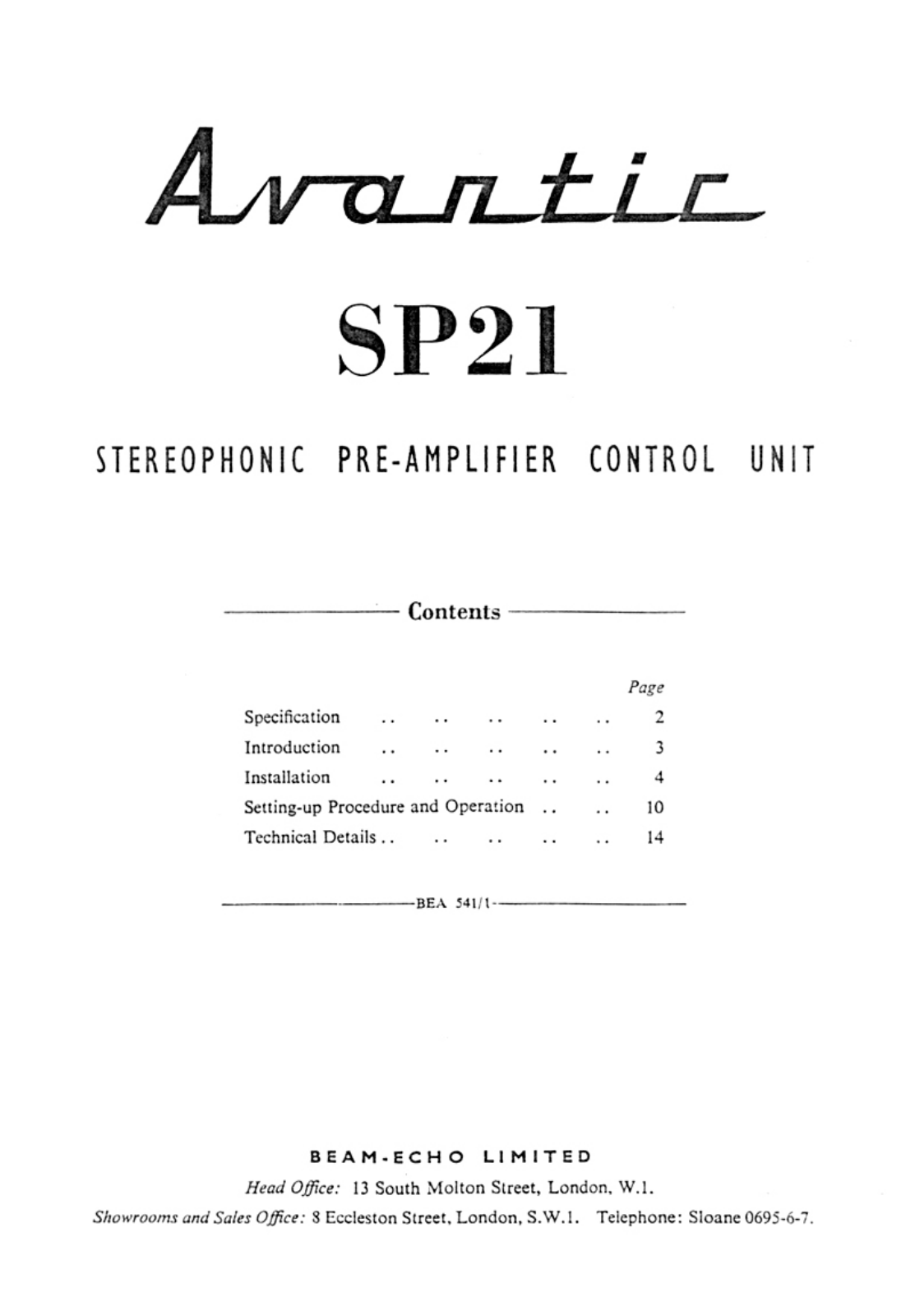 Avantic SP-21 Owners manual