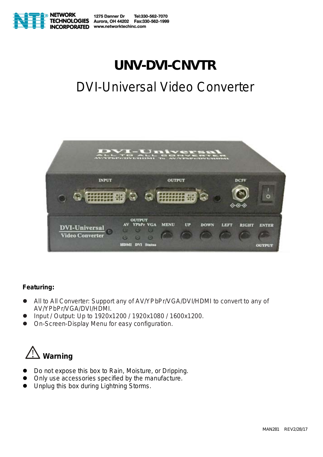 NTI UNV-DVI-CNVTR User Manual