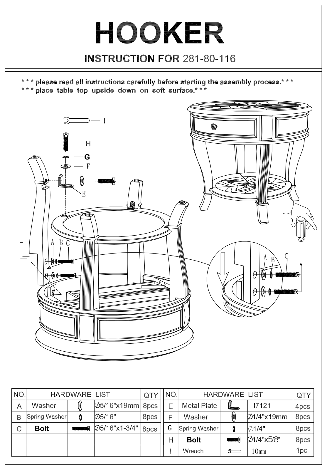 Hooker Furniture 28180116 Assembly Guide