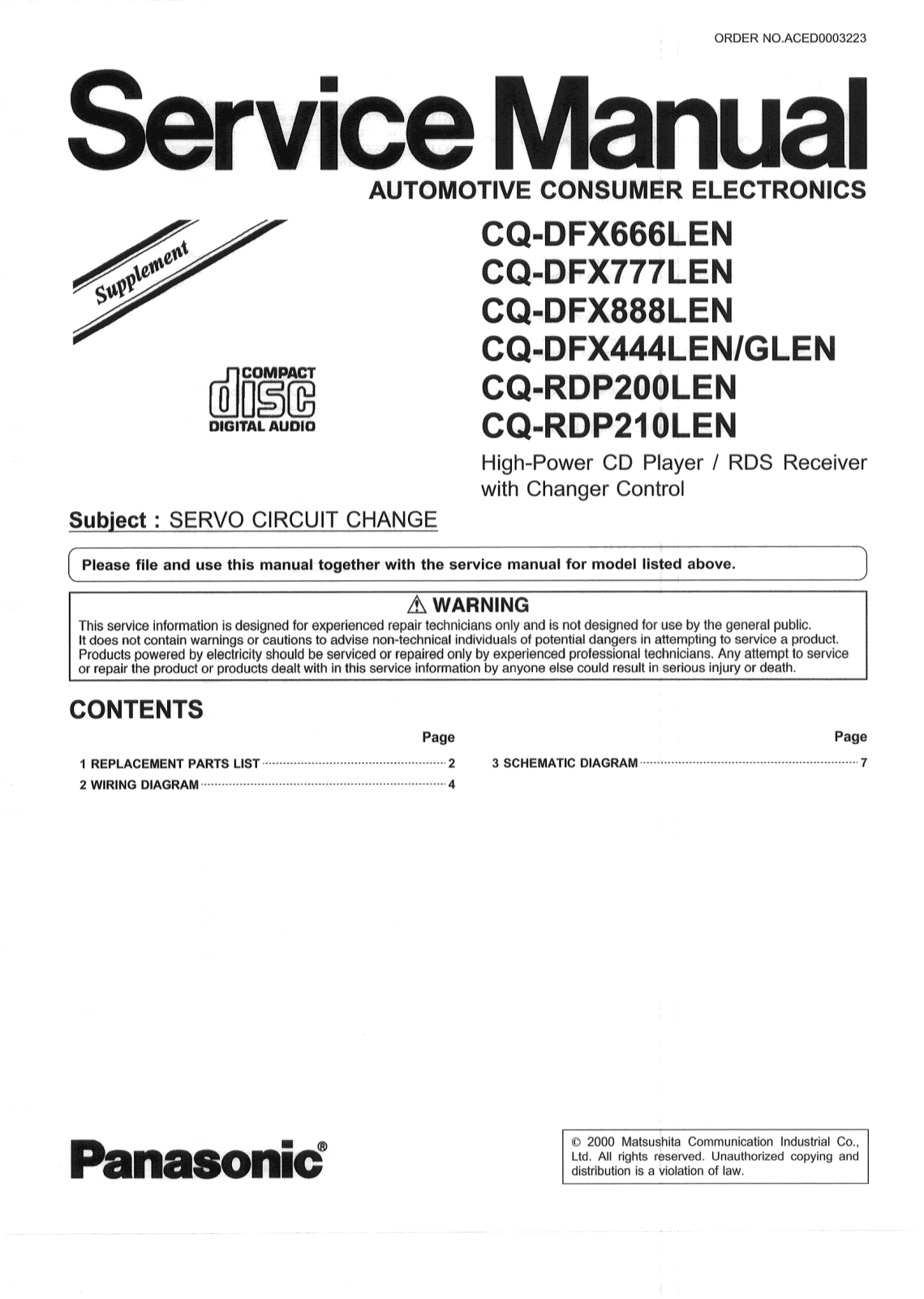 Panasonic CQDFX-444-GLEN, CQDFX-666-LEN, CQDFX-444-LEN, CQDFX-777-LEN, CQDFX-888-LEN Service manual