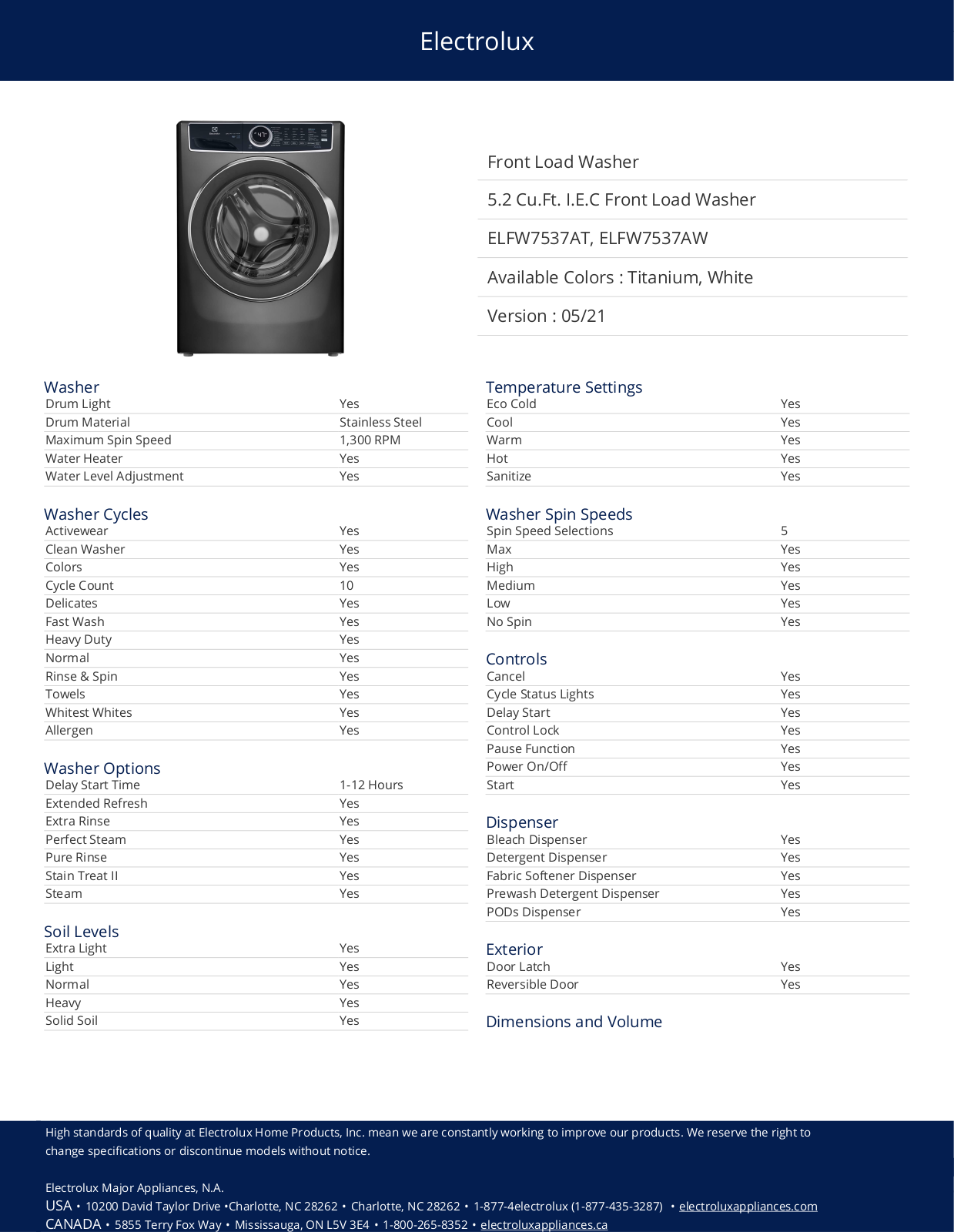 Electrolux ELFW7537AW, ELFW7537AT PRODUCT SPECIFICATIONS