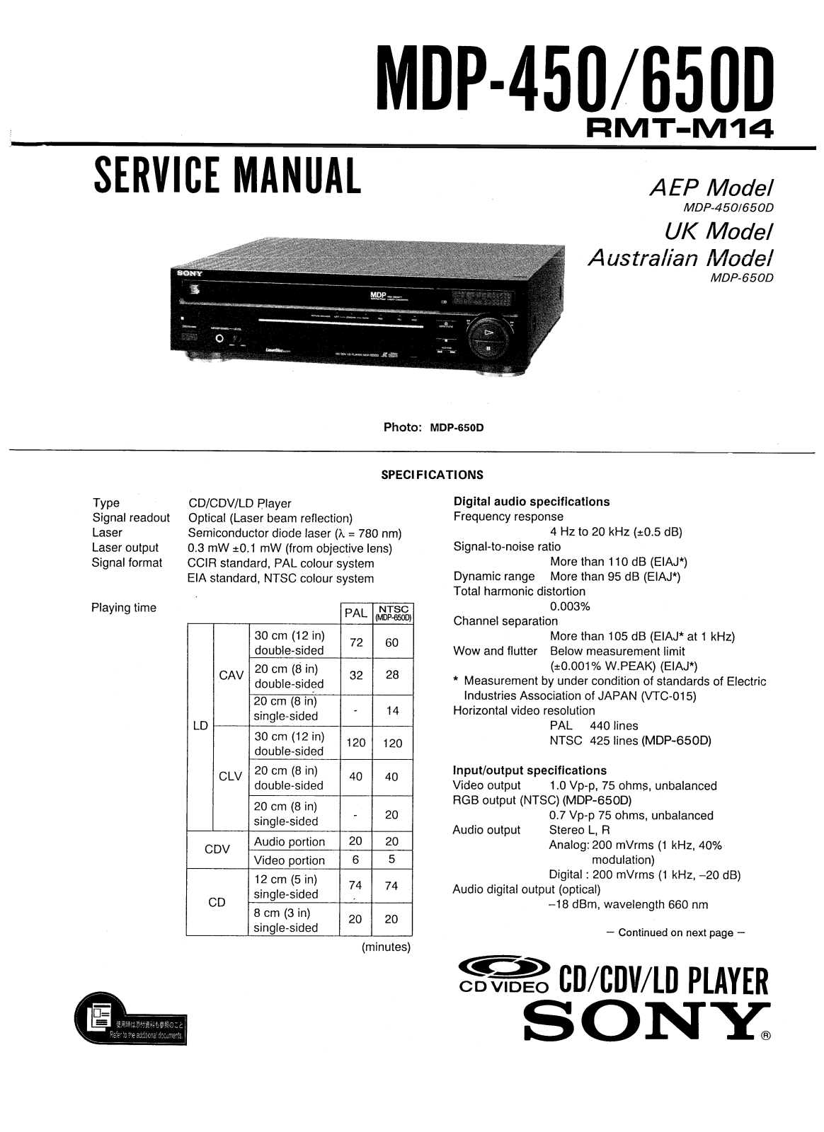 Sony MDP-450, MDP-650-D Service manual