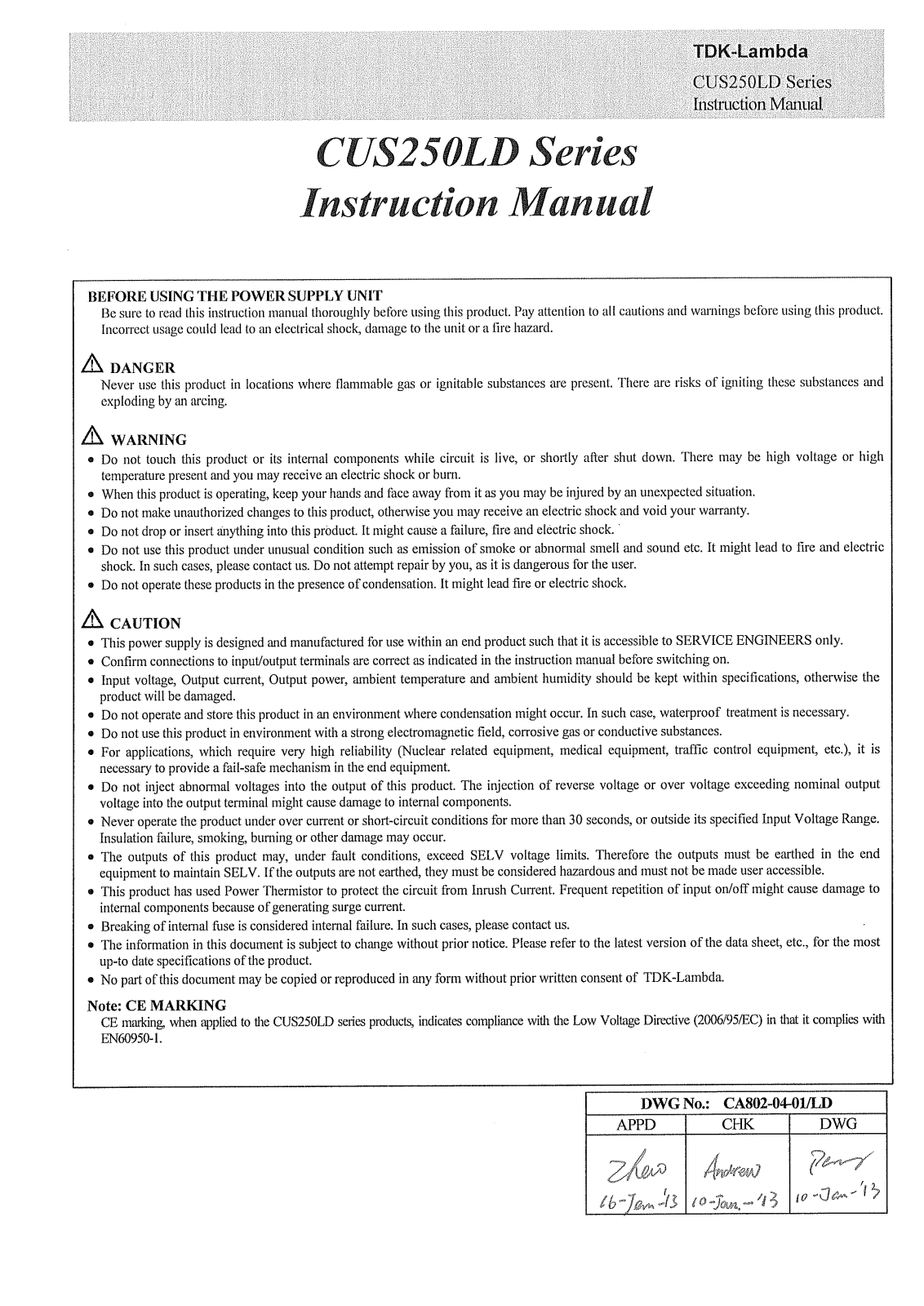 TDK-Lambda CUS-250LD-5, CUS-250LD-24, CUS-250LD-12, CUS-250LD-3, CUS-250LD User guide