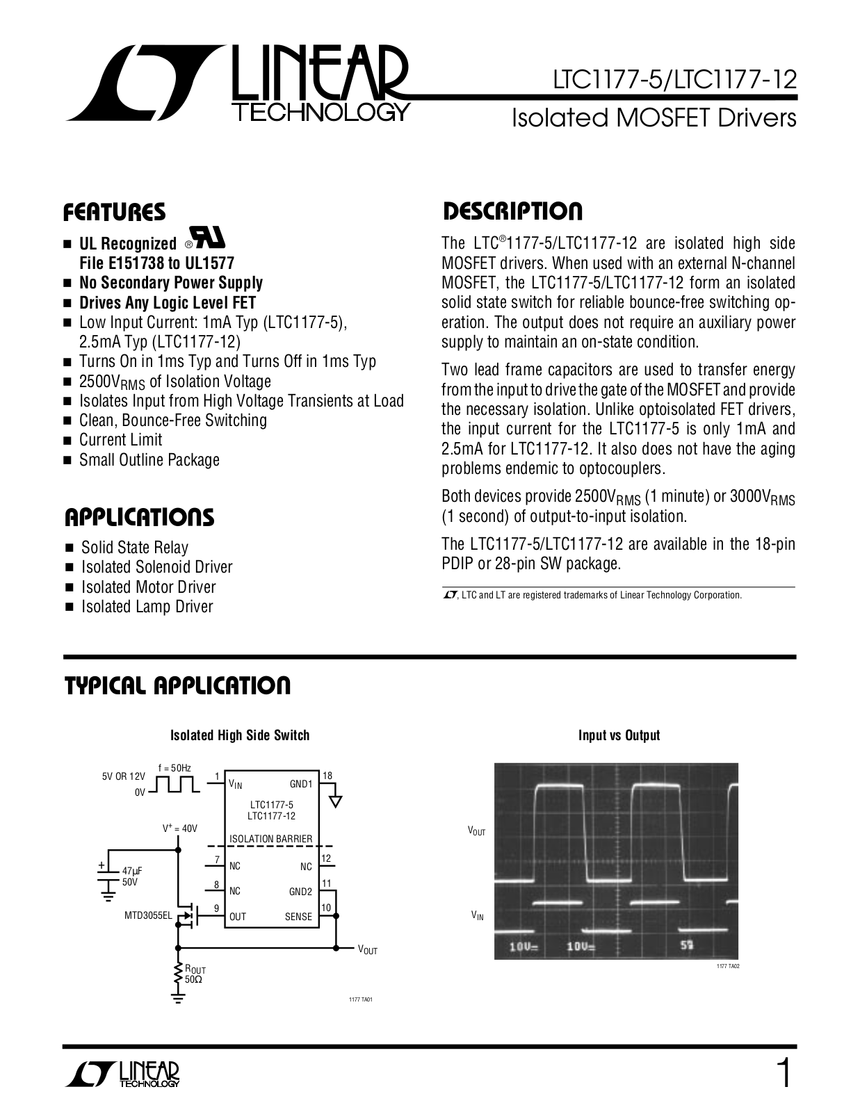 Linear Technology LTC1177ISW-5, LTC1177ISW-12, LTC1177CSW-5, LTC1177CSW-12, LTC1177CN-12 Datasheet