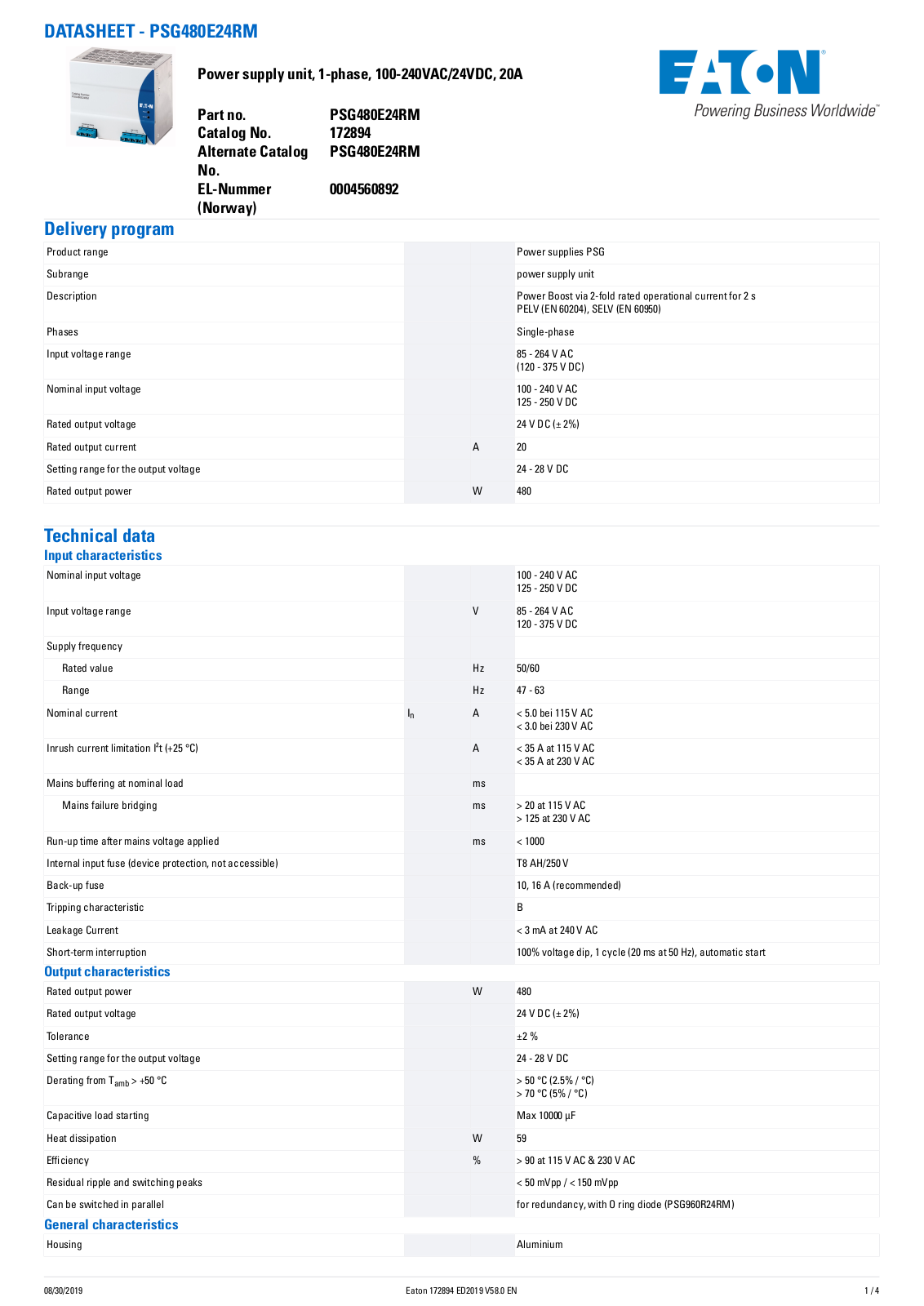 Cutler Hammer, Div of Eaton Corp PSG480E24RM Data Sheet