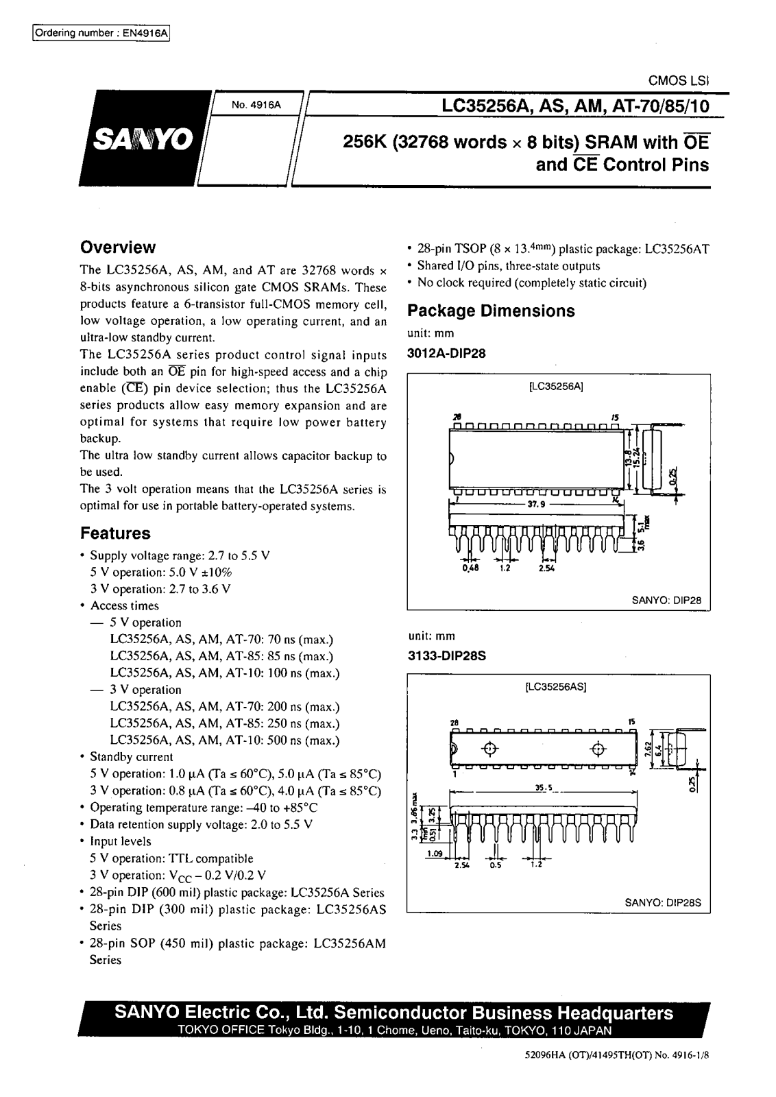 SANYO LC35256AS-10, LC35256AM-85, LC35256AM-70, LC35256AM-10, LC35256A-85 Datasheet