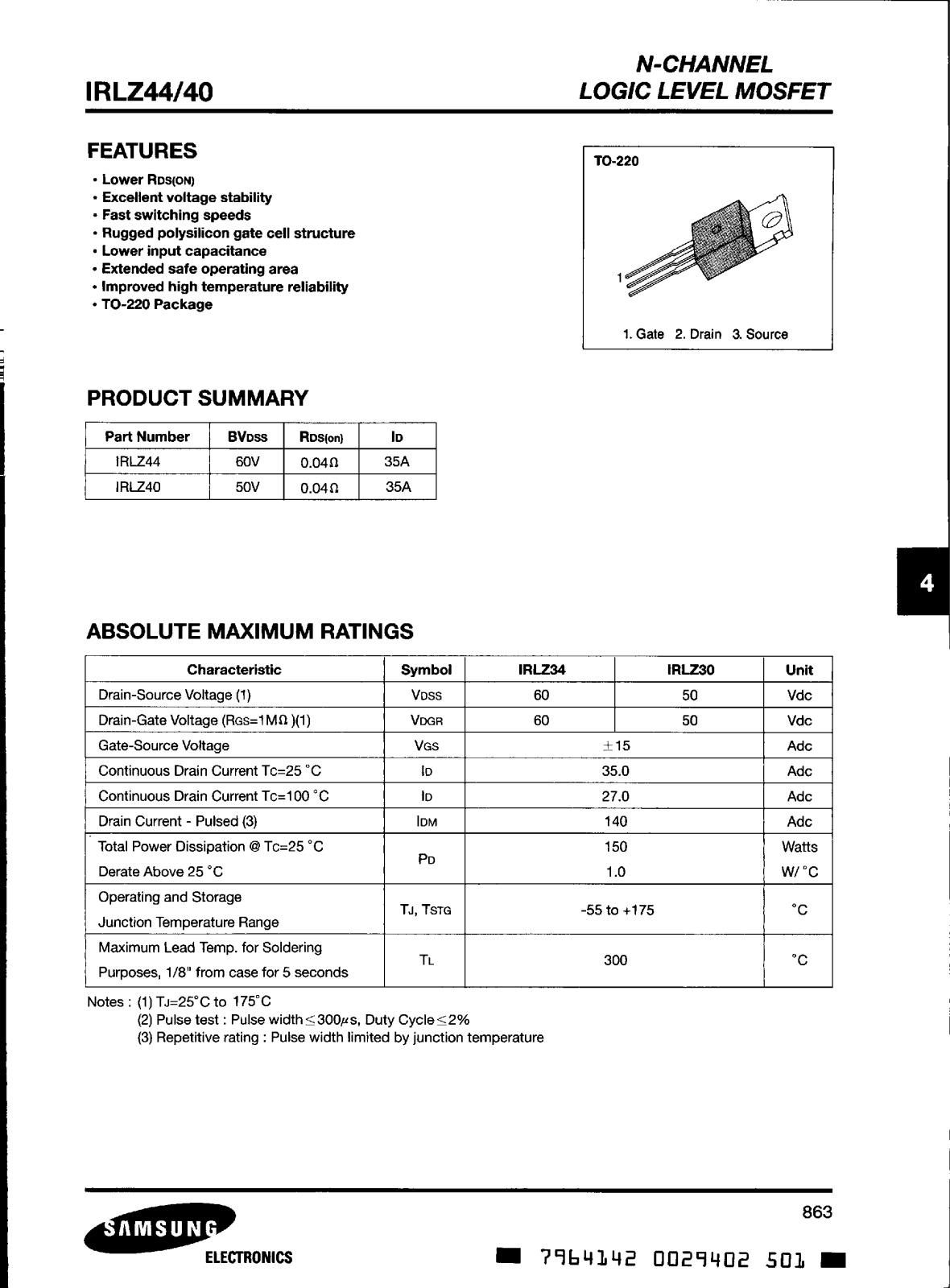 Samsung IRLZ40, IRLZ44 Datasheet