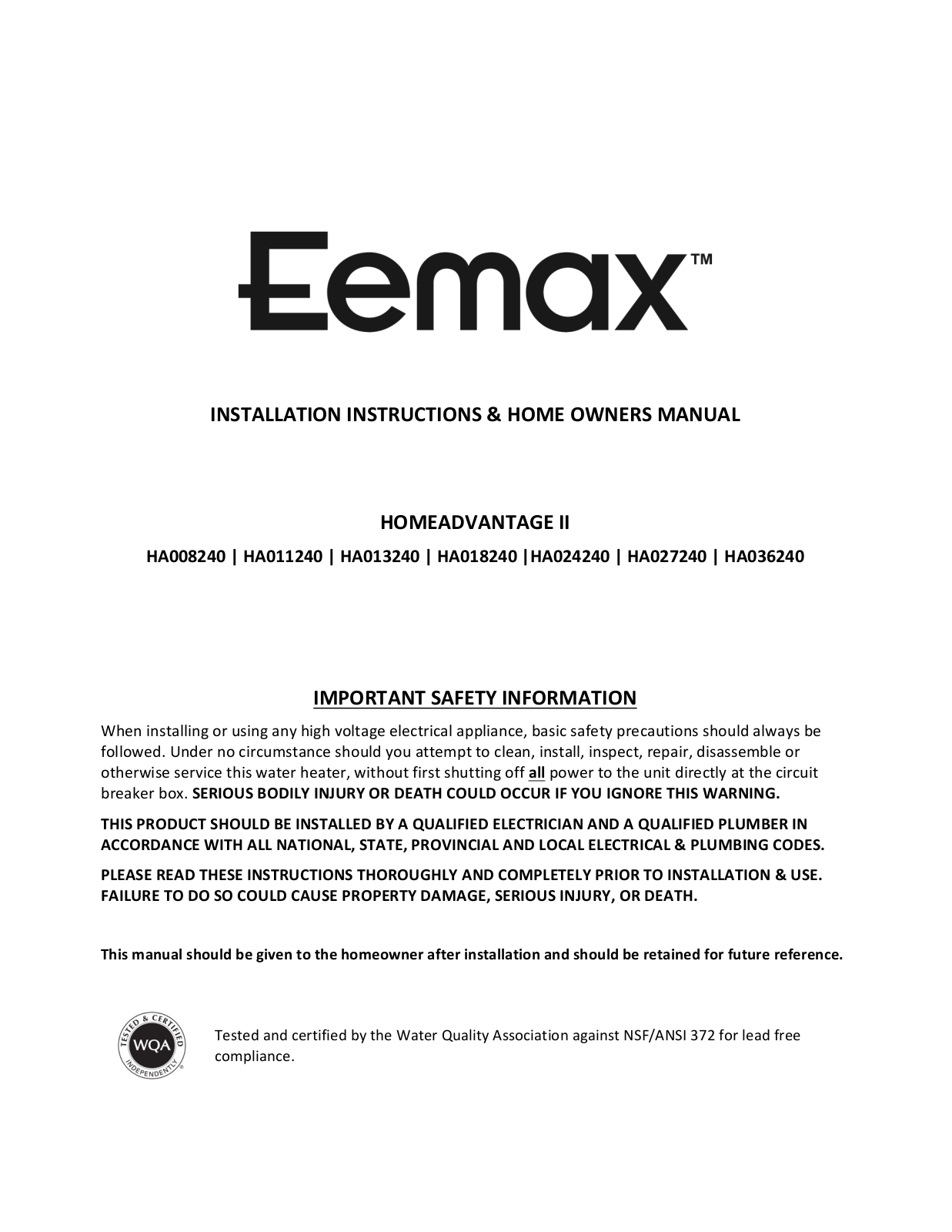 Eemax HA036240, HA013240, HA011240, HA008240, HA027240 User Manual