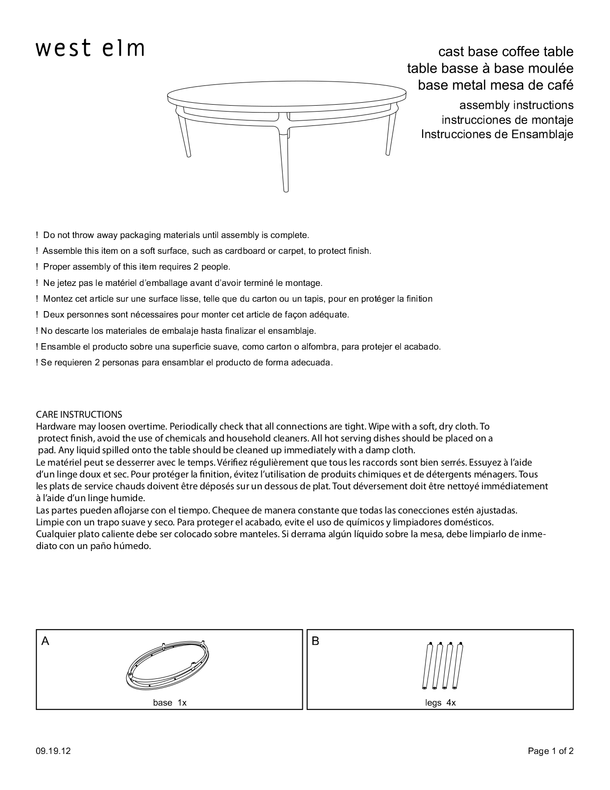 West Elm Cast Base Coffee Table Assembly Instruction