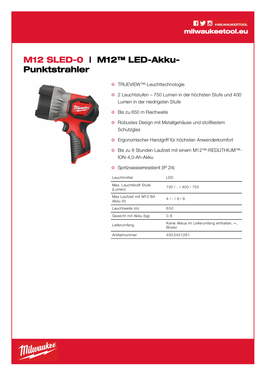 Milwaukee M12 SLED-0 User Manual