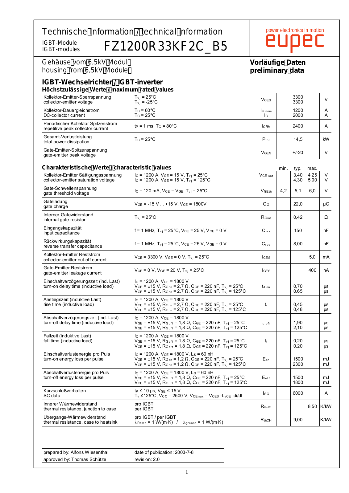 Infineon FZ1200R33KF2C-B5 Data Sheet