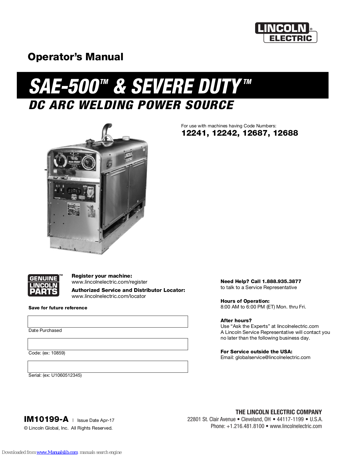 Lincoln Electric SAE-500, SAE-500 SEVERE DUTY Operator's Manual