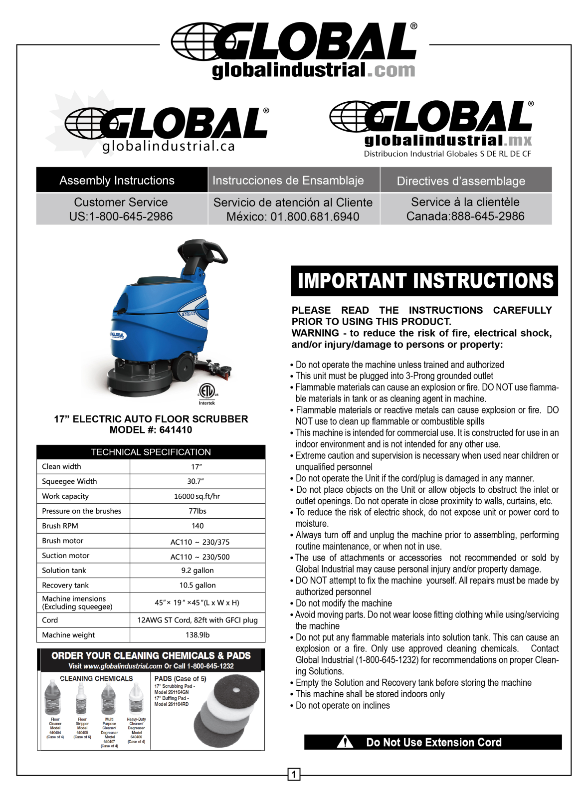 Global Industrial 641410 User Manual