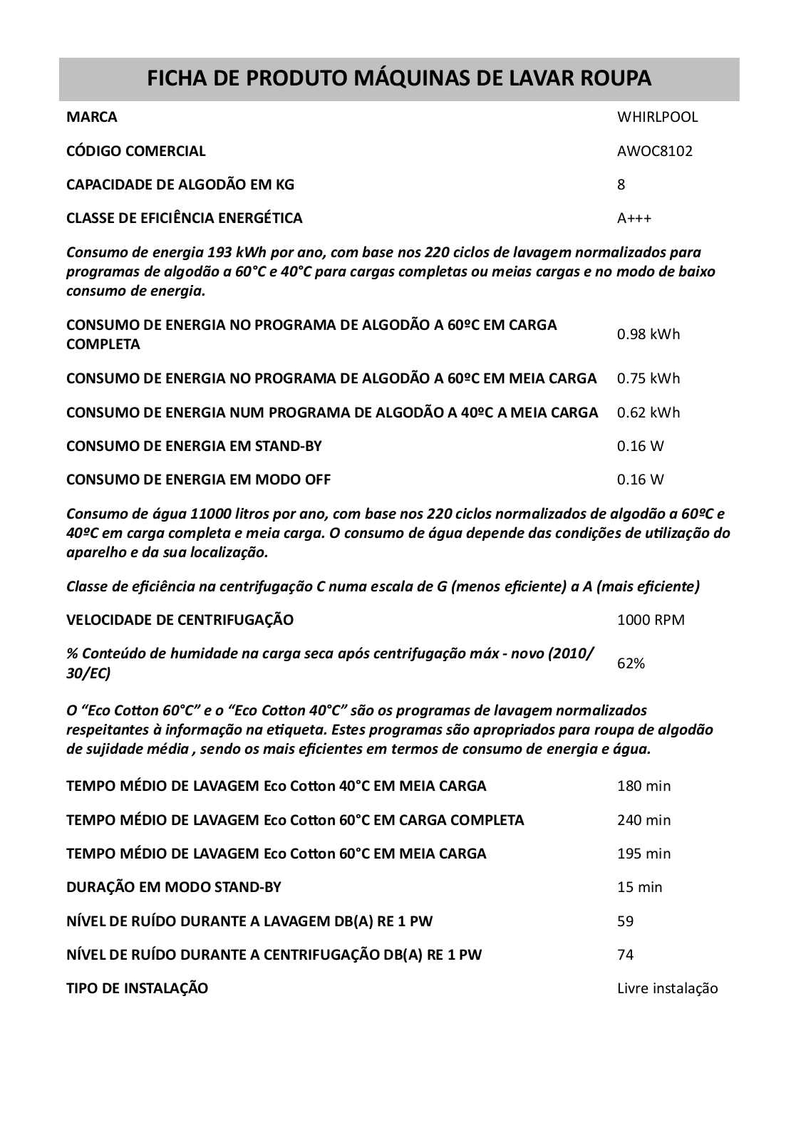 Whirlpool AWOC8102 PRODUCT INFORMATION