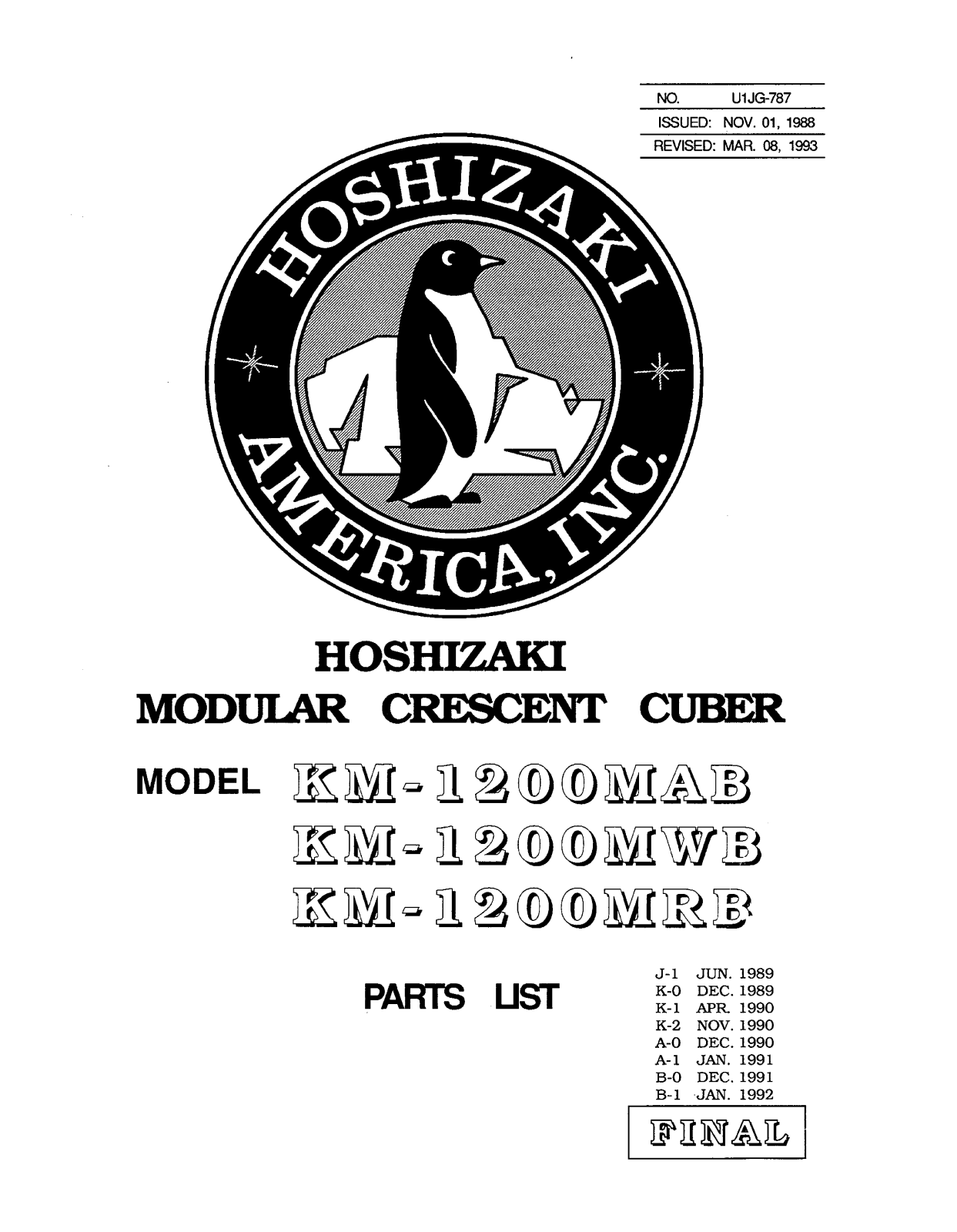 Hoshizaki America KM-1200MAB Parts List