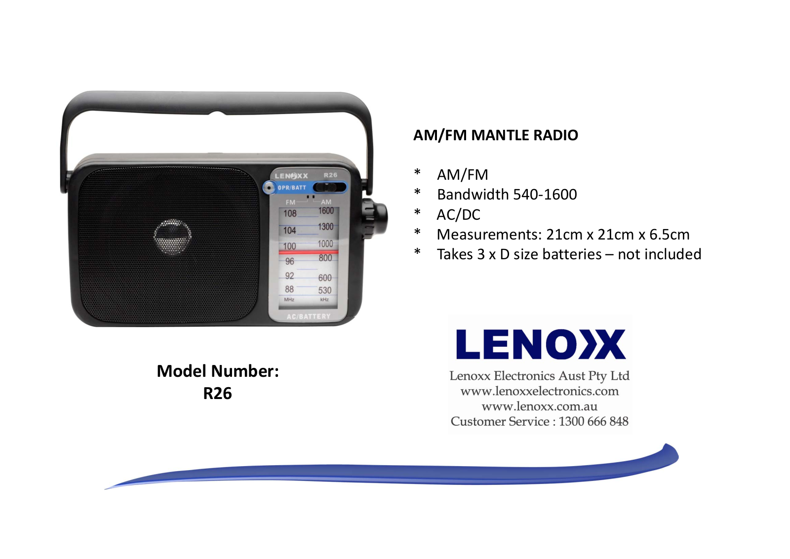 Lenoxx R26 Specifications Sheet