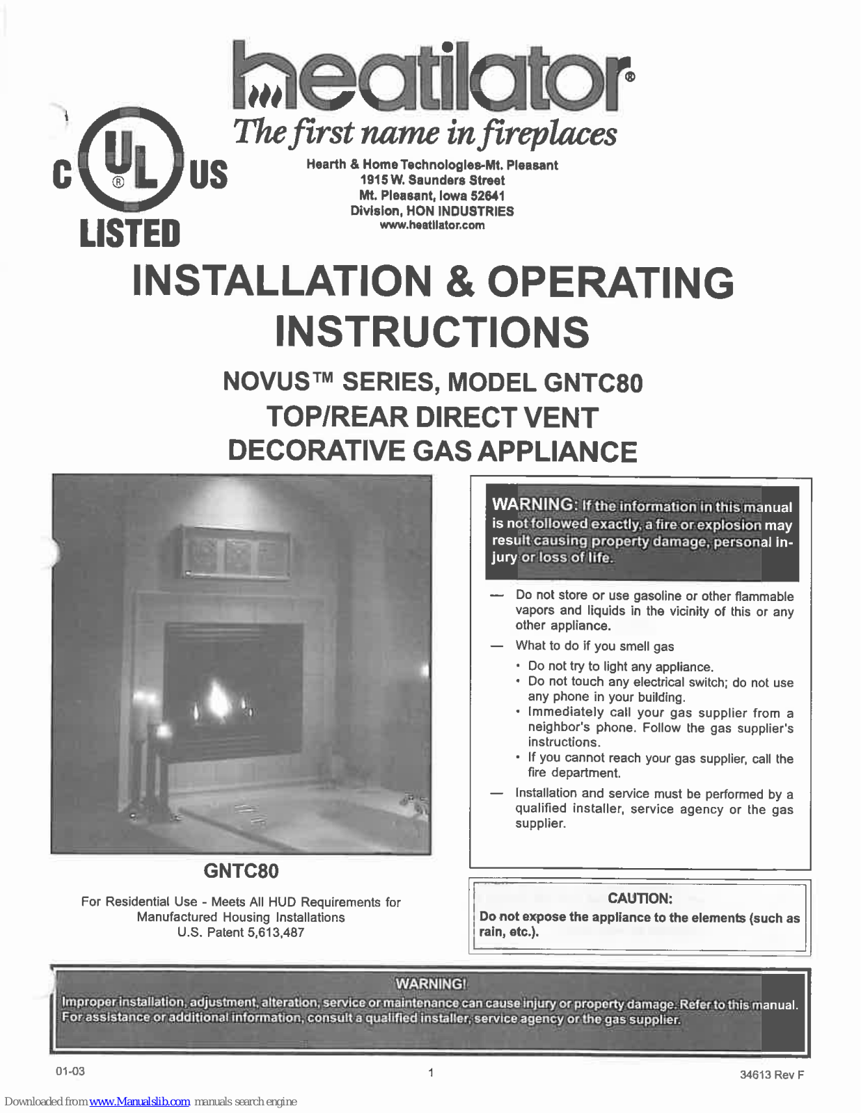 Heatilator GNTC80 Installation & Operating Instructions Manual