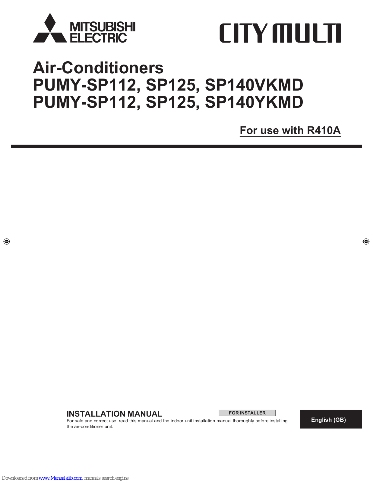 Mitsubishi Electric PUMY-SP112, PUMY-SP125, PUMY-SP140VKMD Installation Manual