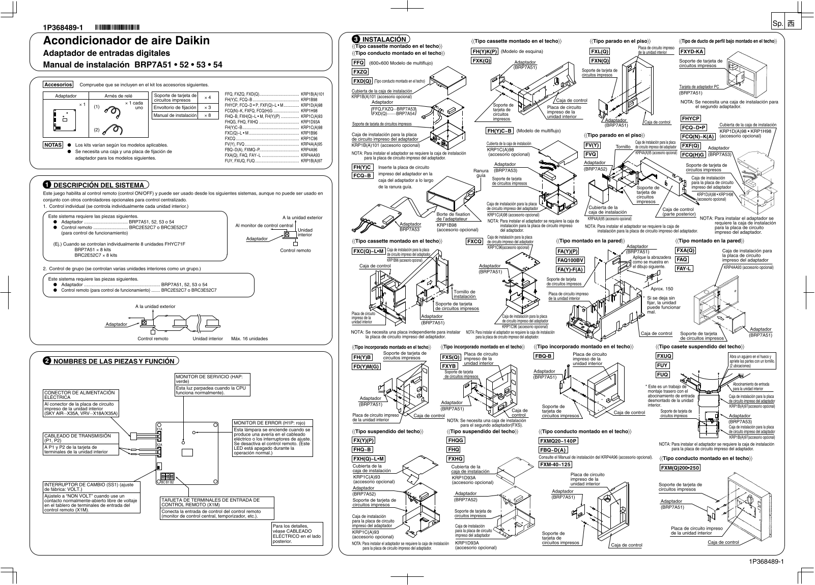 Daikin BRP7A51, BRP7A52, BRP7A53, BRP7A54 Installation manuals