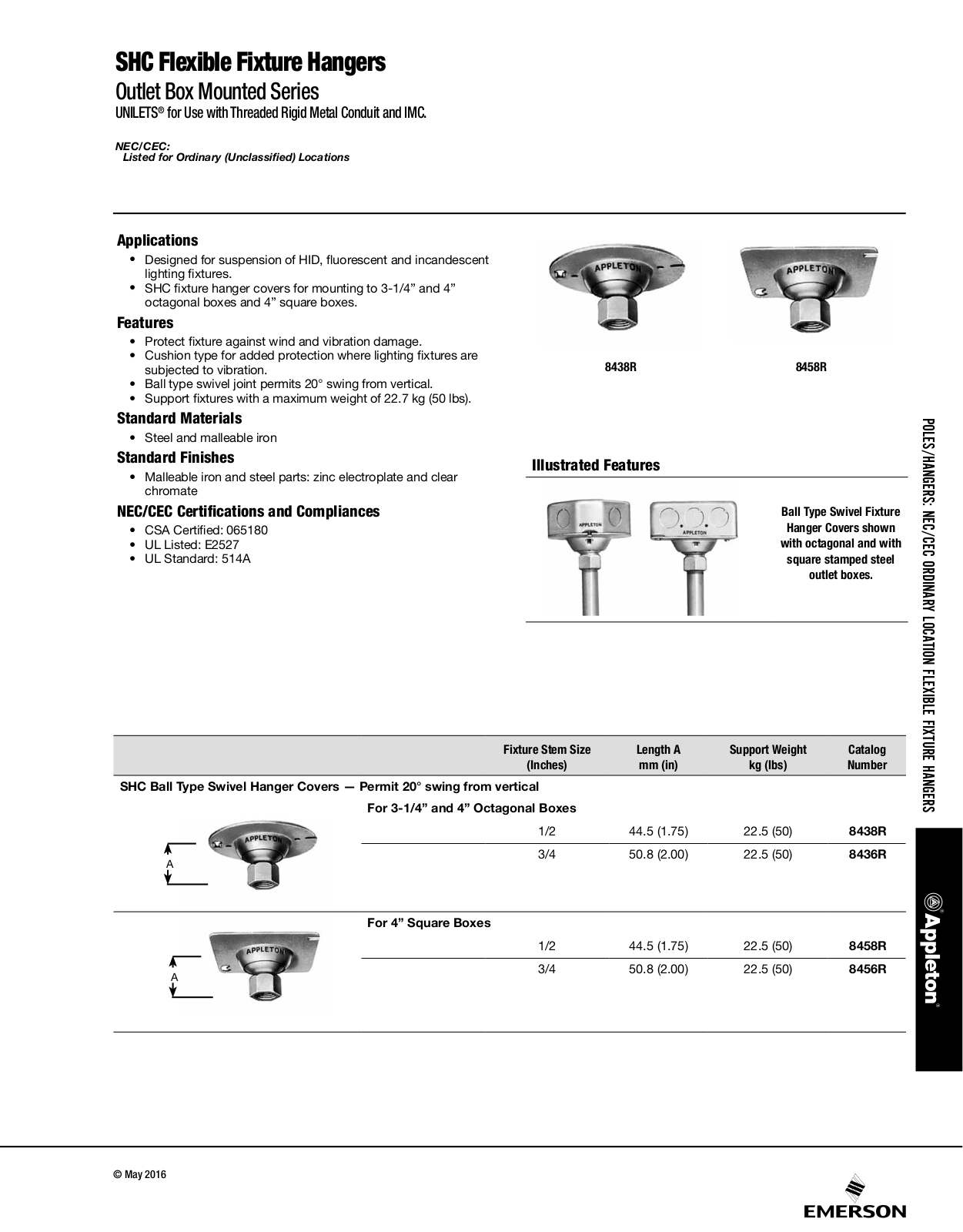 Appleton SHC Flexible Fixture Hangers Catalog Page