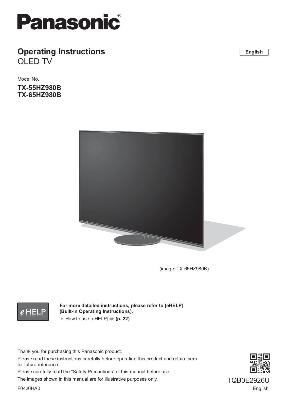 Panasonic TX55HZ980B, TX65HZ980B Instructions Manual