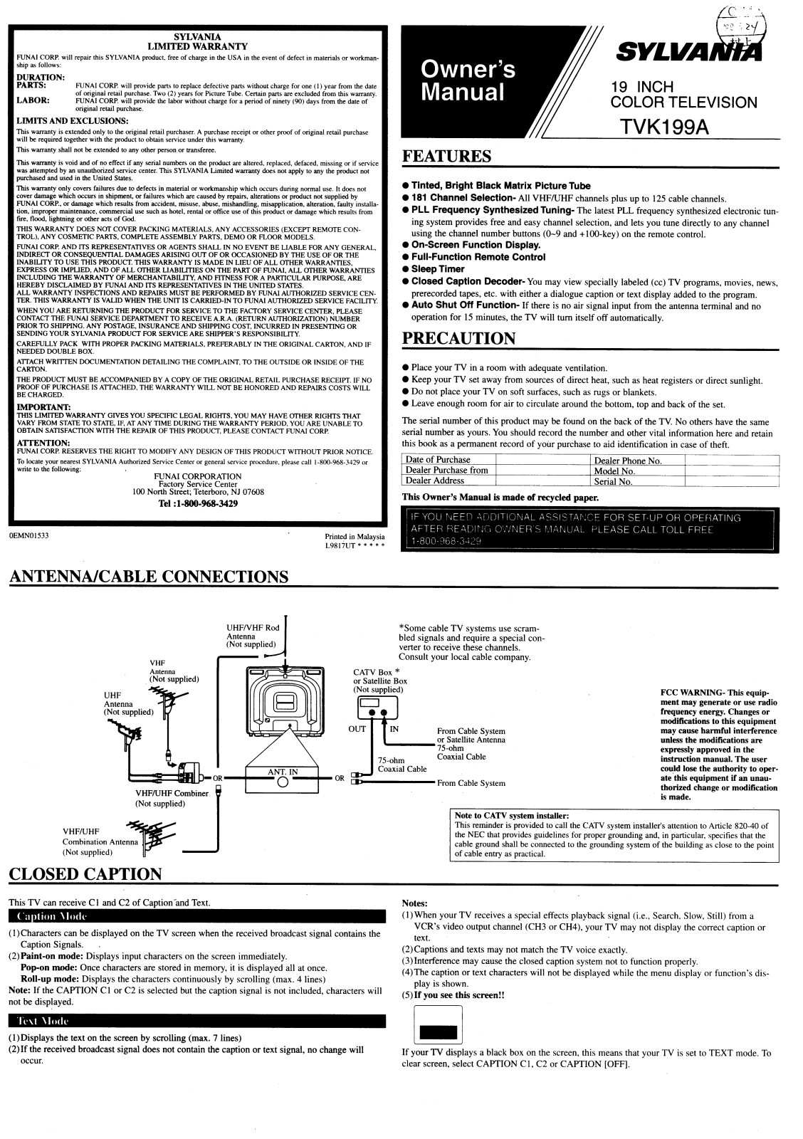 FUNAI TVK199A, TVK199A User Manual