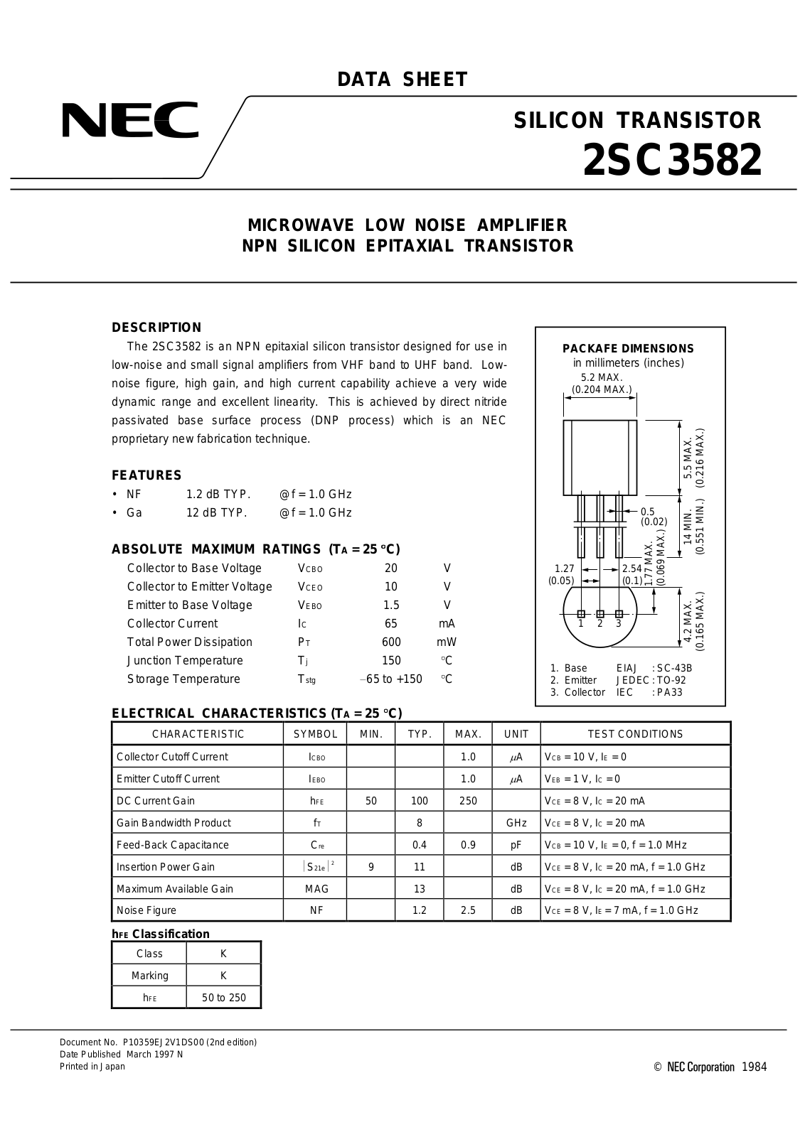 NEC 2SC3582-T, 2SC3582 Datasheet