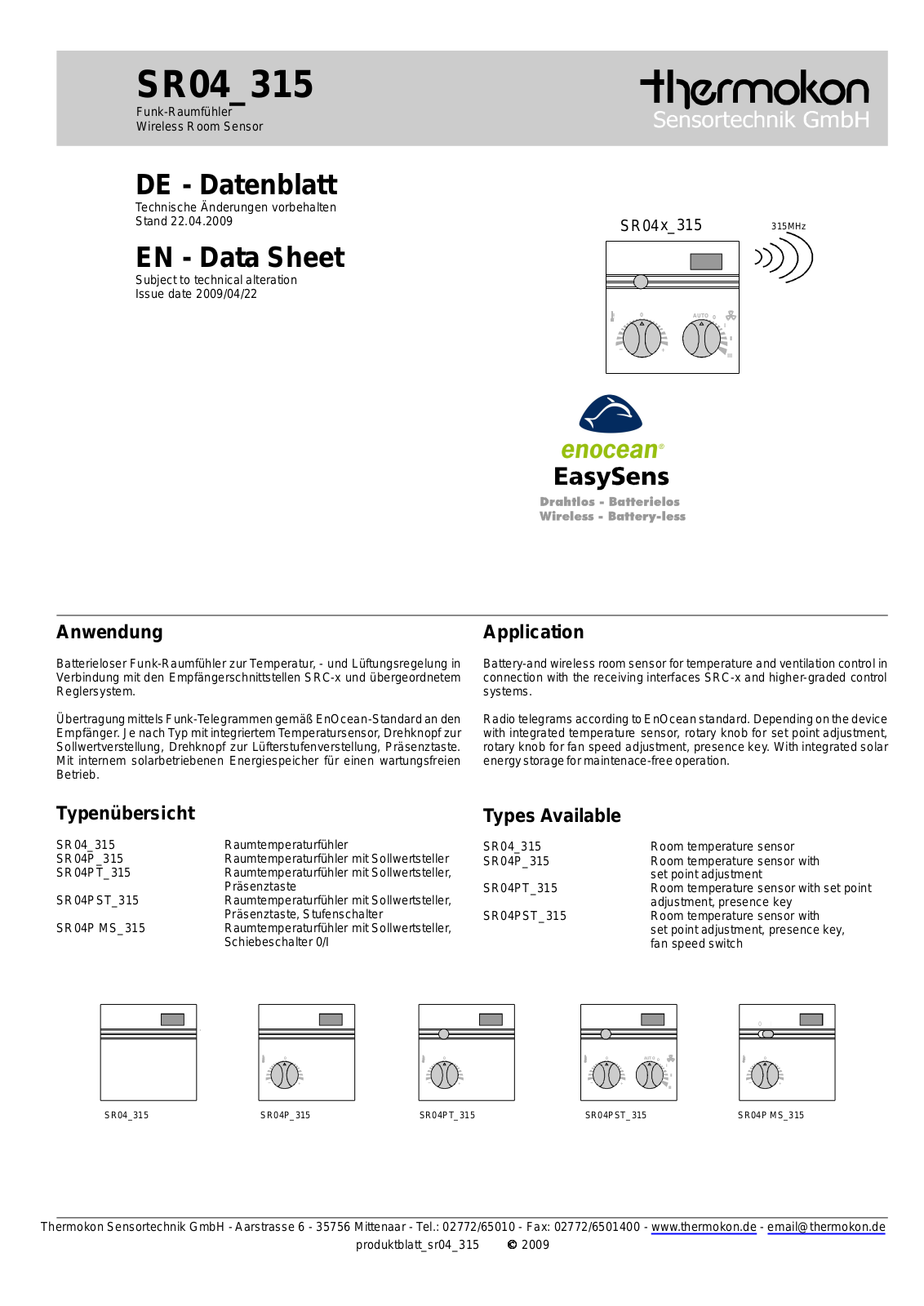 Johnson Controls SR04_315 Data Sheet