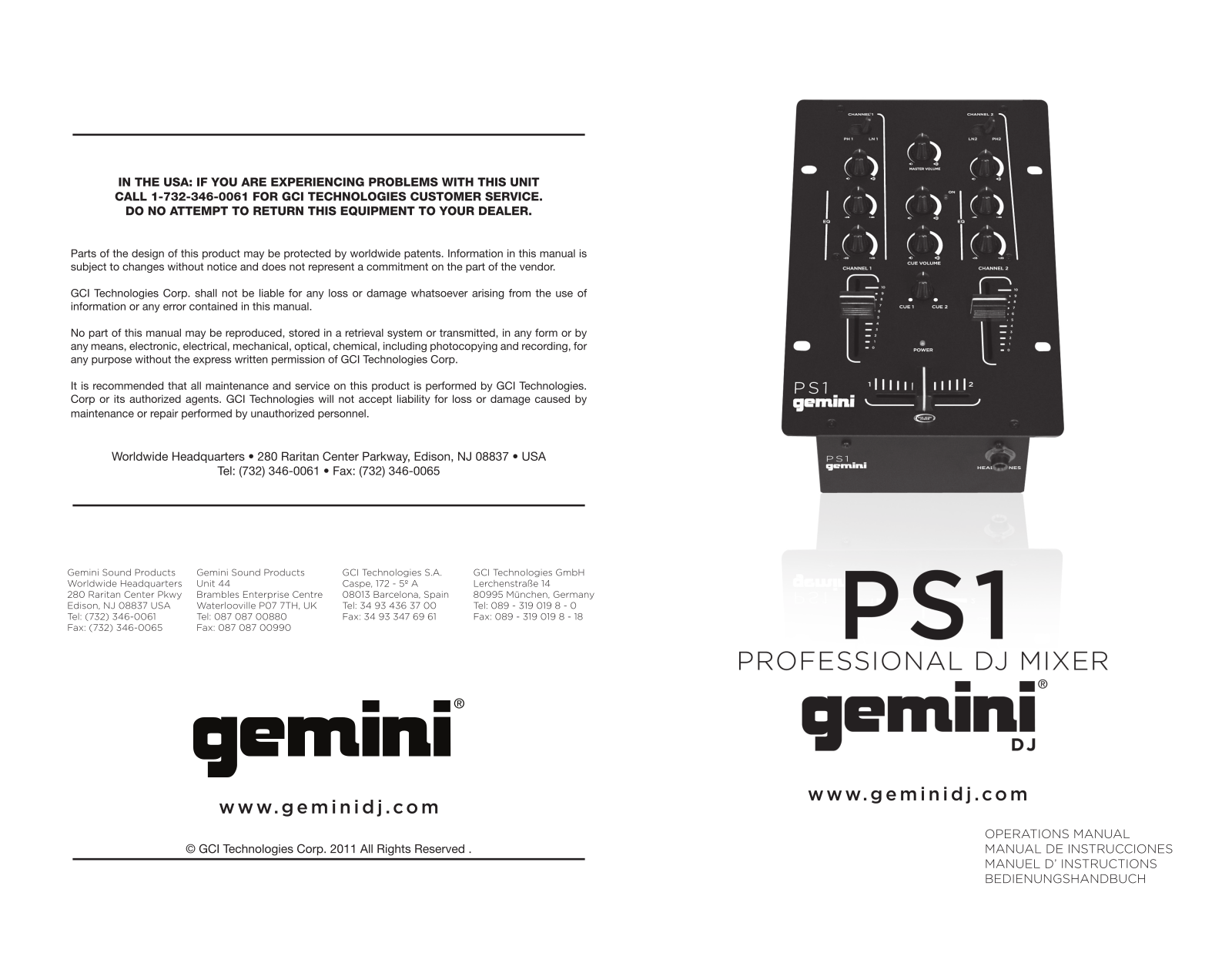 Gemini DJ PS1 OPERATIONS MANUAL