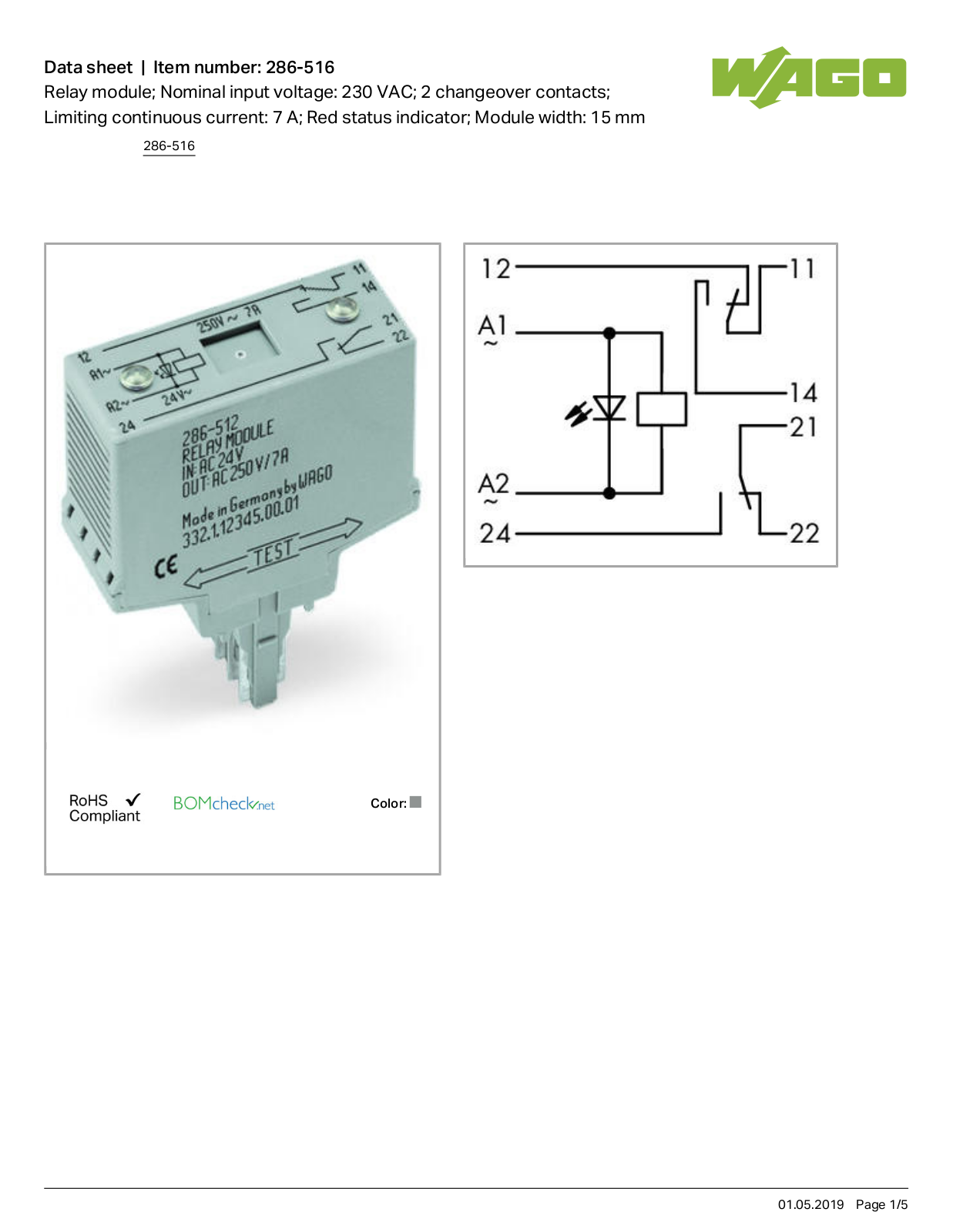 Wago 286-516 Data Sheet