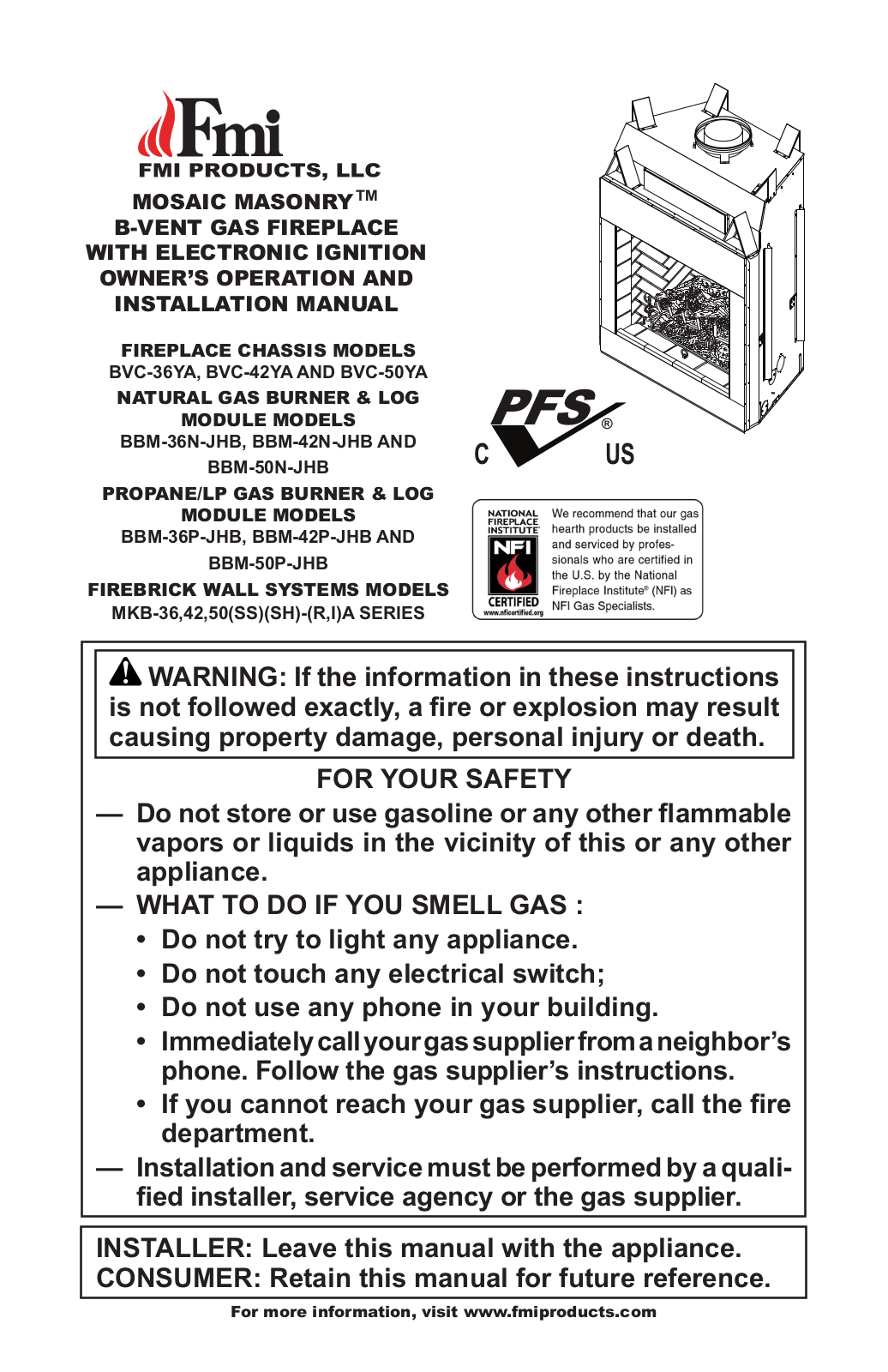 FMI BBM-42N-JHB, BBM-50N-JHB, BBM-36P-JHB, BBM-42P-JHB, BBM-50P-JHB Owner's Operation And Installation Manual