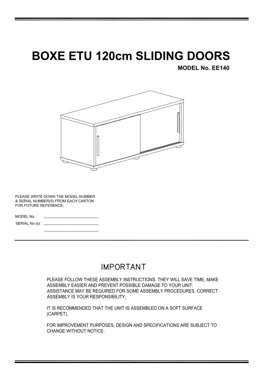 Freedom Boxe ETU 120cm Sliding Door Assembly Instruction