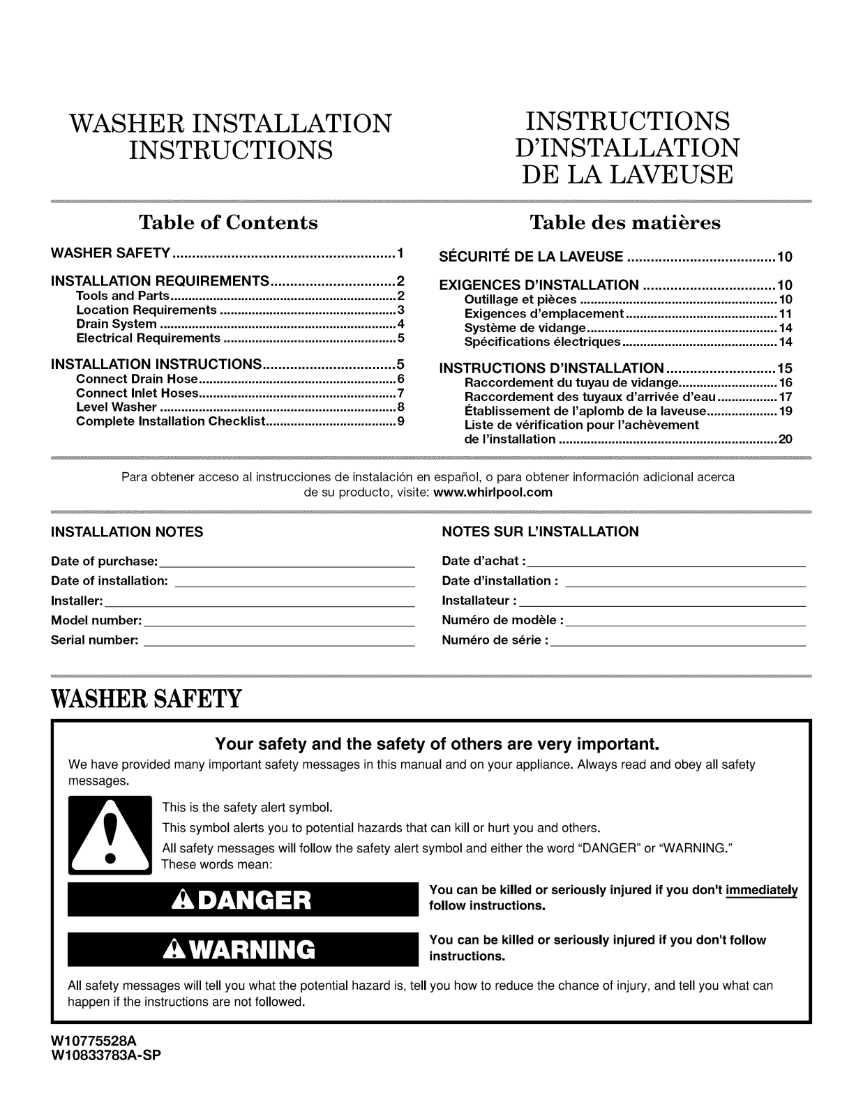 Whirlpool WFW85HEFC0, WFW85HEFW0, WFW92HEFW0, WFW92HEFU0, WFW92HEFC0 Installation Guide