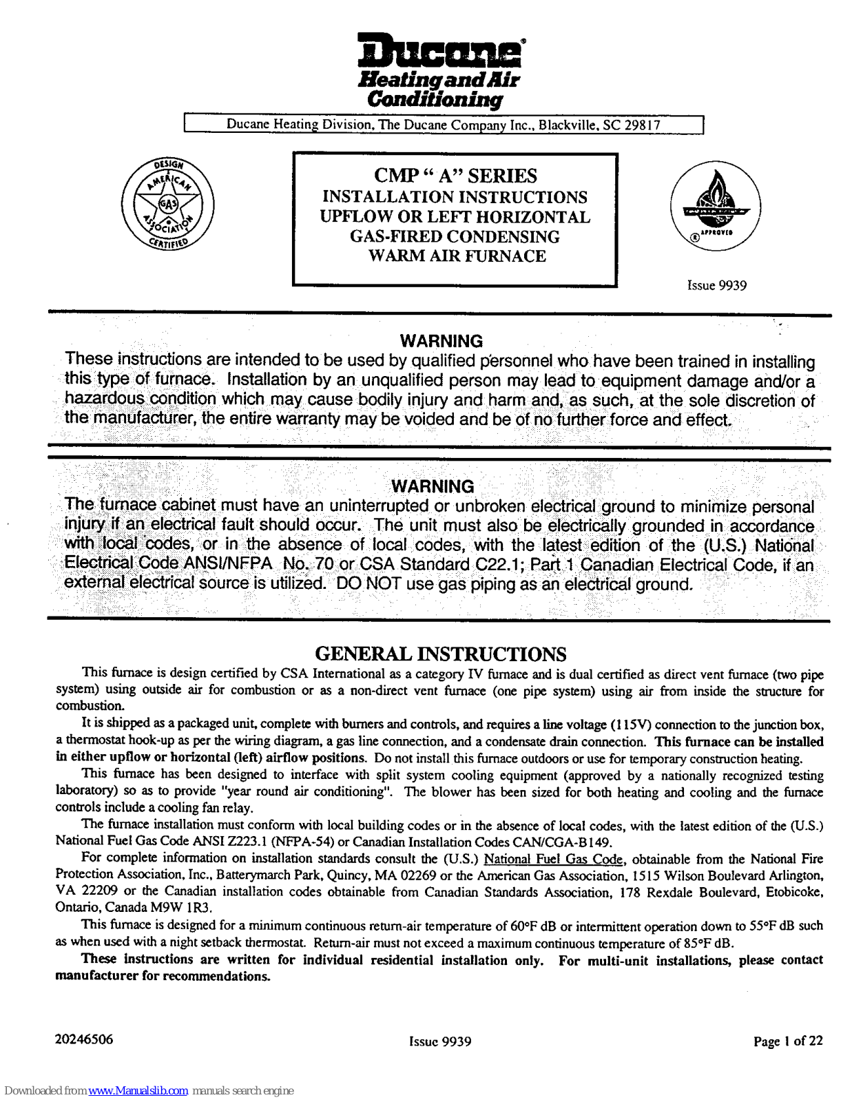 Ducane CMP A Series Installation Instructions Manual - ManualMachine.com