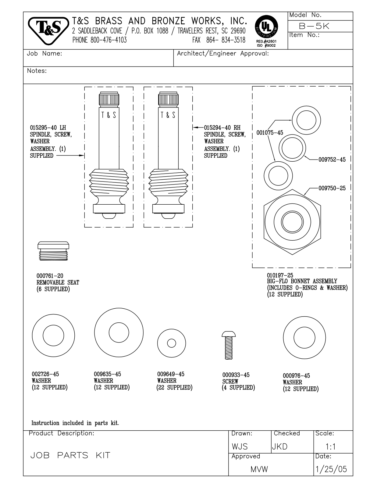 T & S Brass & Bronze Works B-5K Part Manual