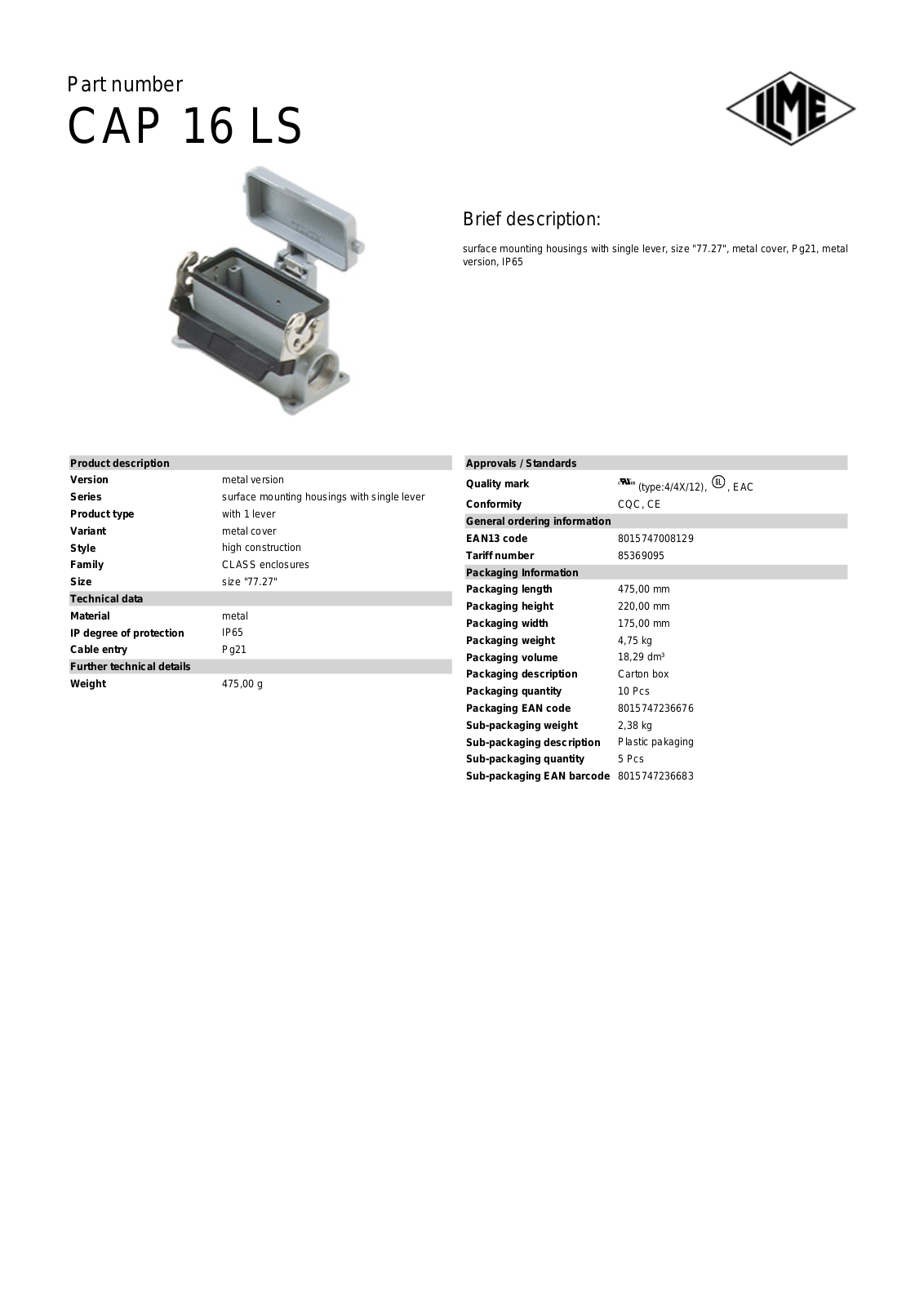 Datasheet CAP-16LS Datasheet (ILME) - ManualMachine.com